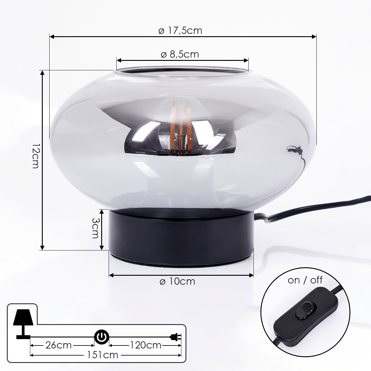 Eine moderne Lampe mit rundem Glasschirm und schwarzem Sockel. Abmessungen sind angegeben. Ein Diagramm zeigt den Ein-/Ausschalter und das Netzkabel.