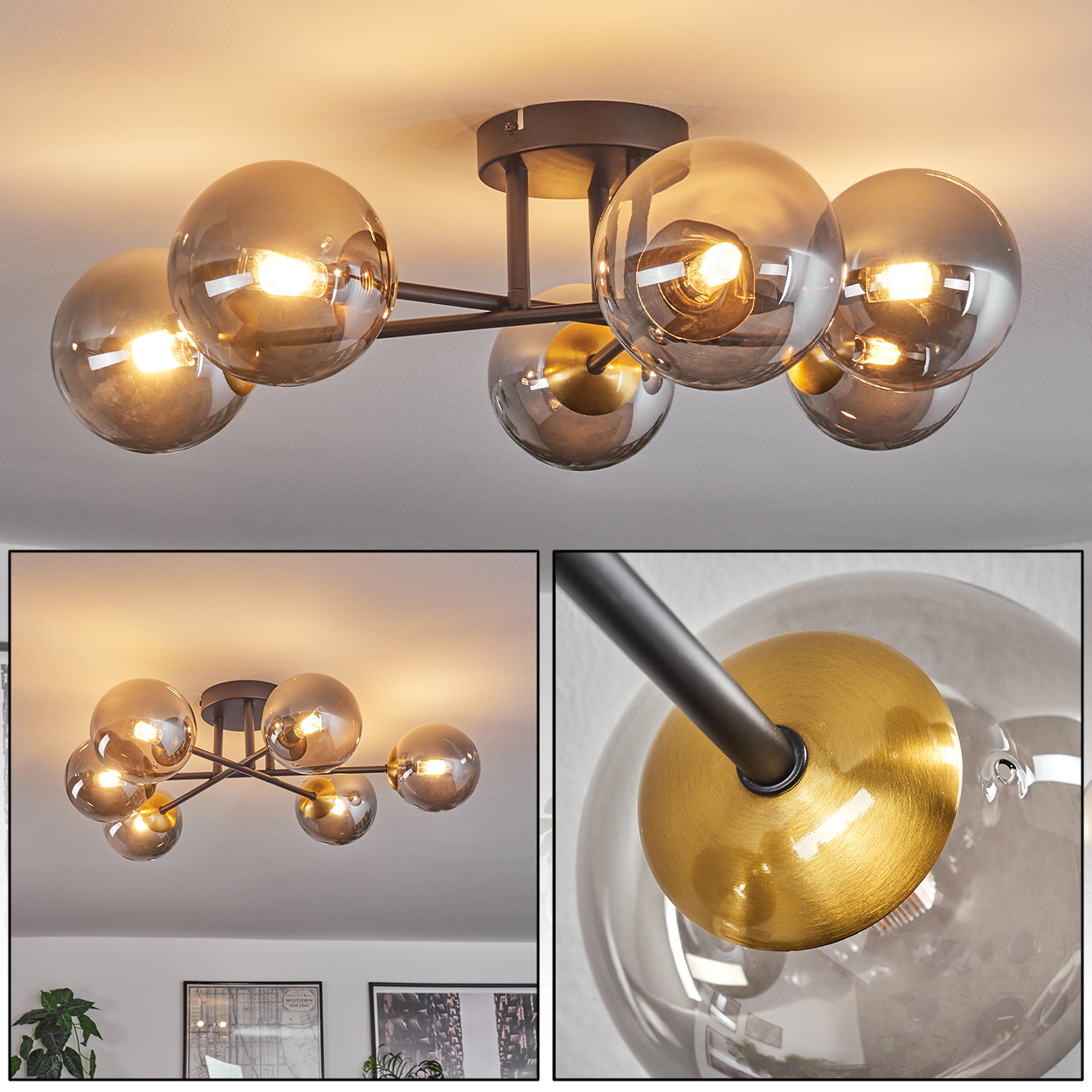 Eine moderne Deckenlampe mit sechs rauchfarbenen Glaskugeln, jede mit einer Glühbirne. Dunkle Metallarme erstrecken sich von einem Sockel.