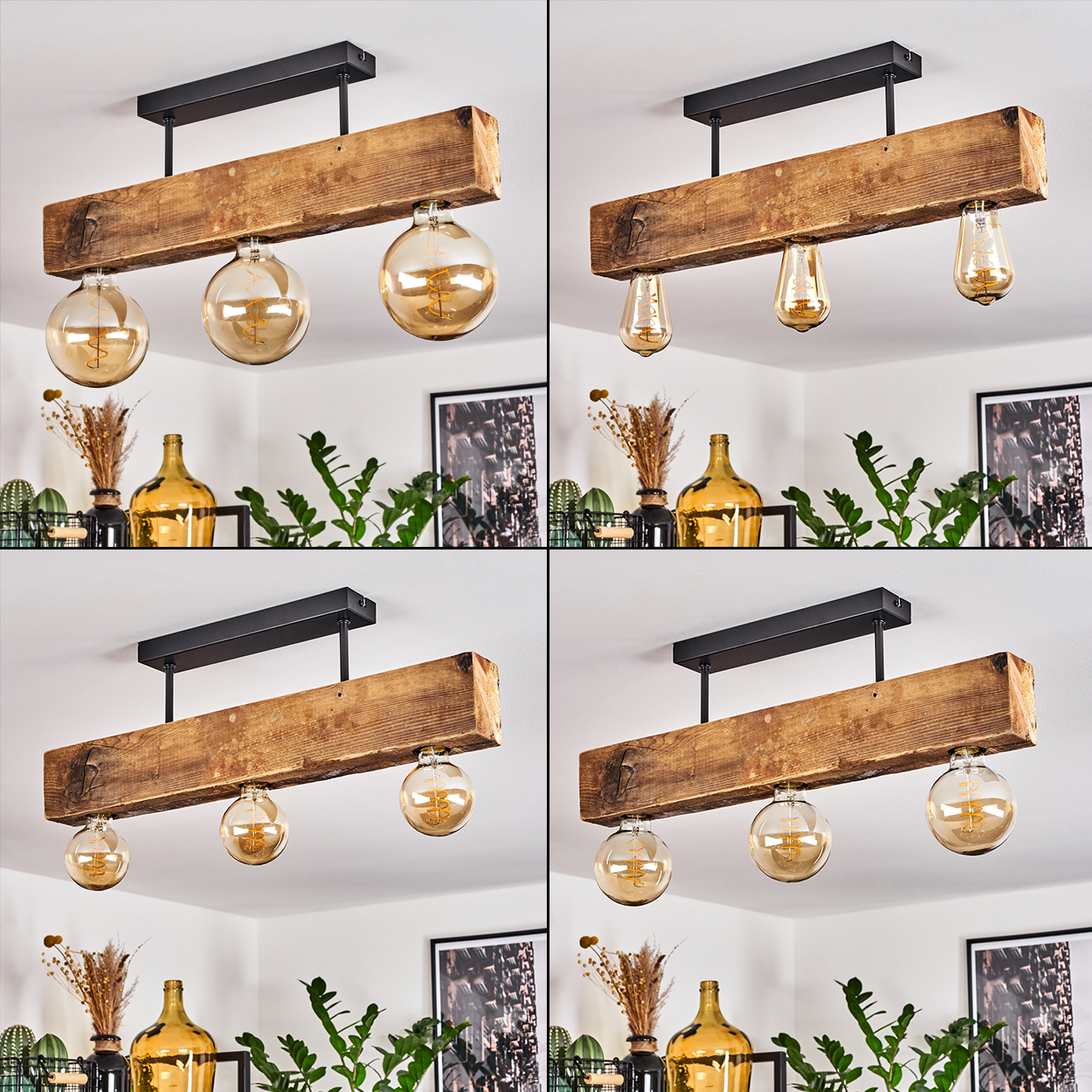 Eine Deckenleuchte aus Holzbalken mit drei Glühbirnen. Darunter Pflanzen, Flaschen und gerahmte Bilder an einer weißen Wand.