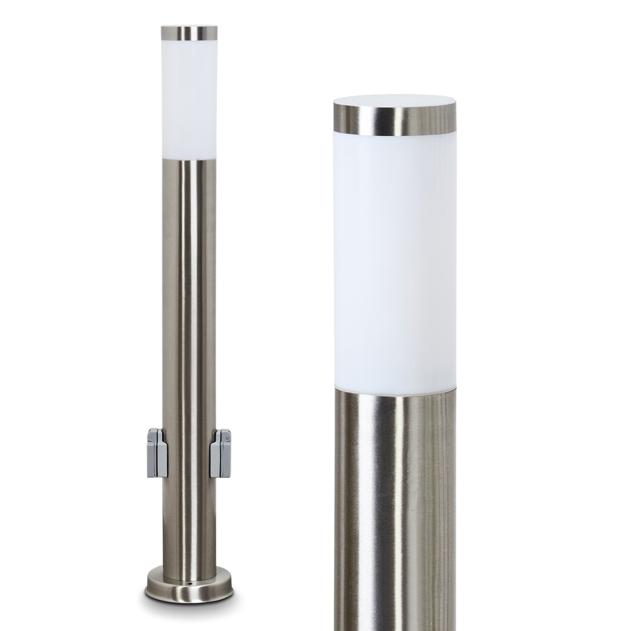 Eine Außenlampe aus Edelstahl mit weißer, zylindrischer Leuchte oben. Zwei kleine graue Vorrichtungen befinden sich am Pfahl.
