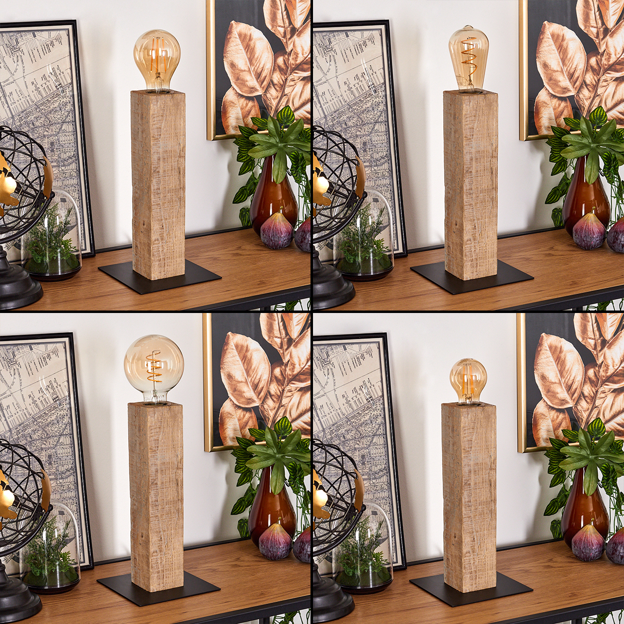 Eine Holzlaterne mit Glühbirne auf einem Tisch mit Dekorationen. Die Lampe steht auf einem schwarzen quadratischen Sockel. Weitere Objekte sind ebenfalls auf dem Tisch.