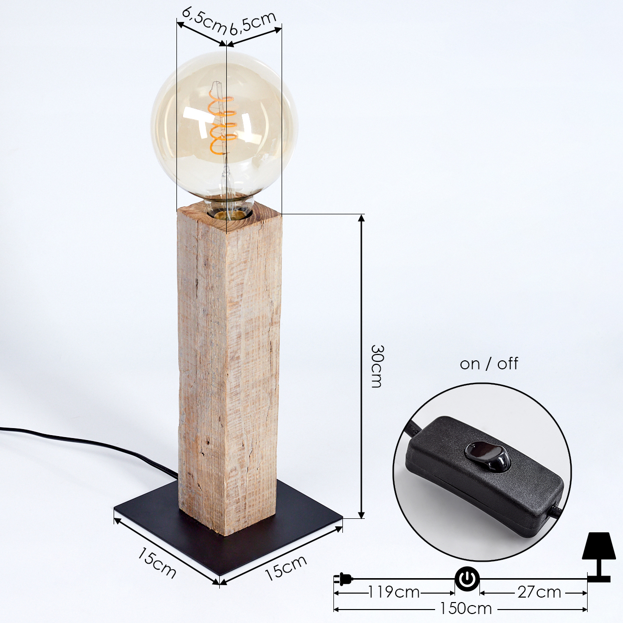 Eine Holzlampe mit großer Glühbirne, schwarzem Sockel und Ein-/Ausschalter. Abmessungen sind um die Lampe notiert.