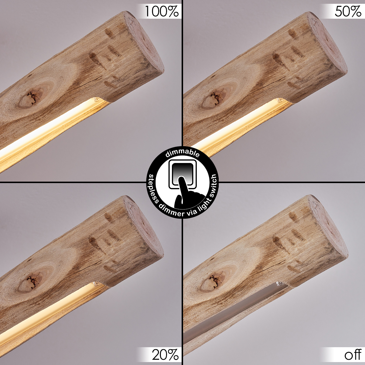 Holzlampe mit verschiedenen Helligkeitsstufen: 100%, 50%, 20% und aus. Die Lampe verfügt über eine stufenlose Dimmfunktion.