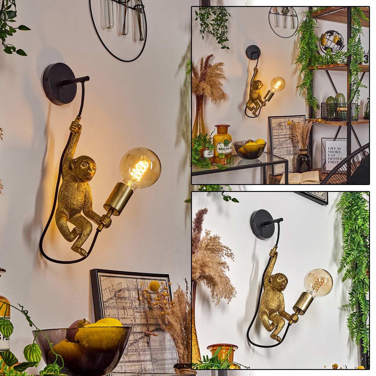 Eine goldene Affenlampe hängt an einer Wand. Sie hält eine Glühbirne. Die Szene umfasst Pflanzen und Dekorationsartikel.