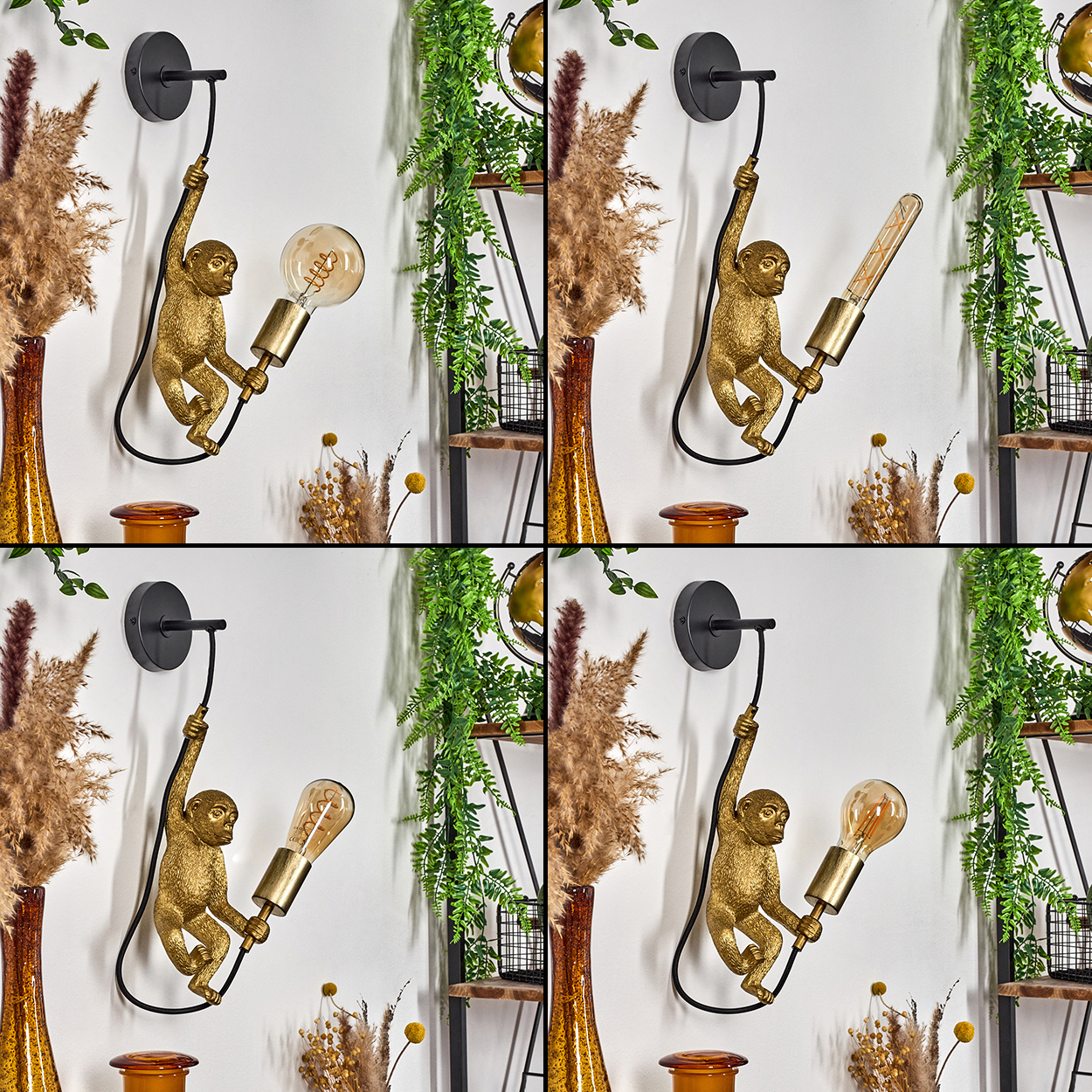 Goldene Affenlampe, die an einem schwarzen Kabel an einer weißen Wand hängt. Trockene Pflanzen und grünes Laub im Hintergrund.