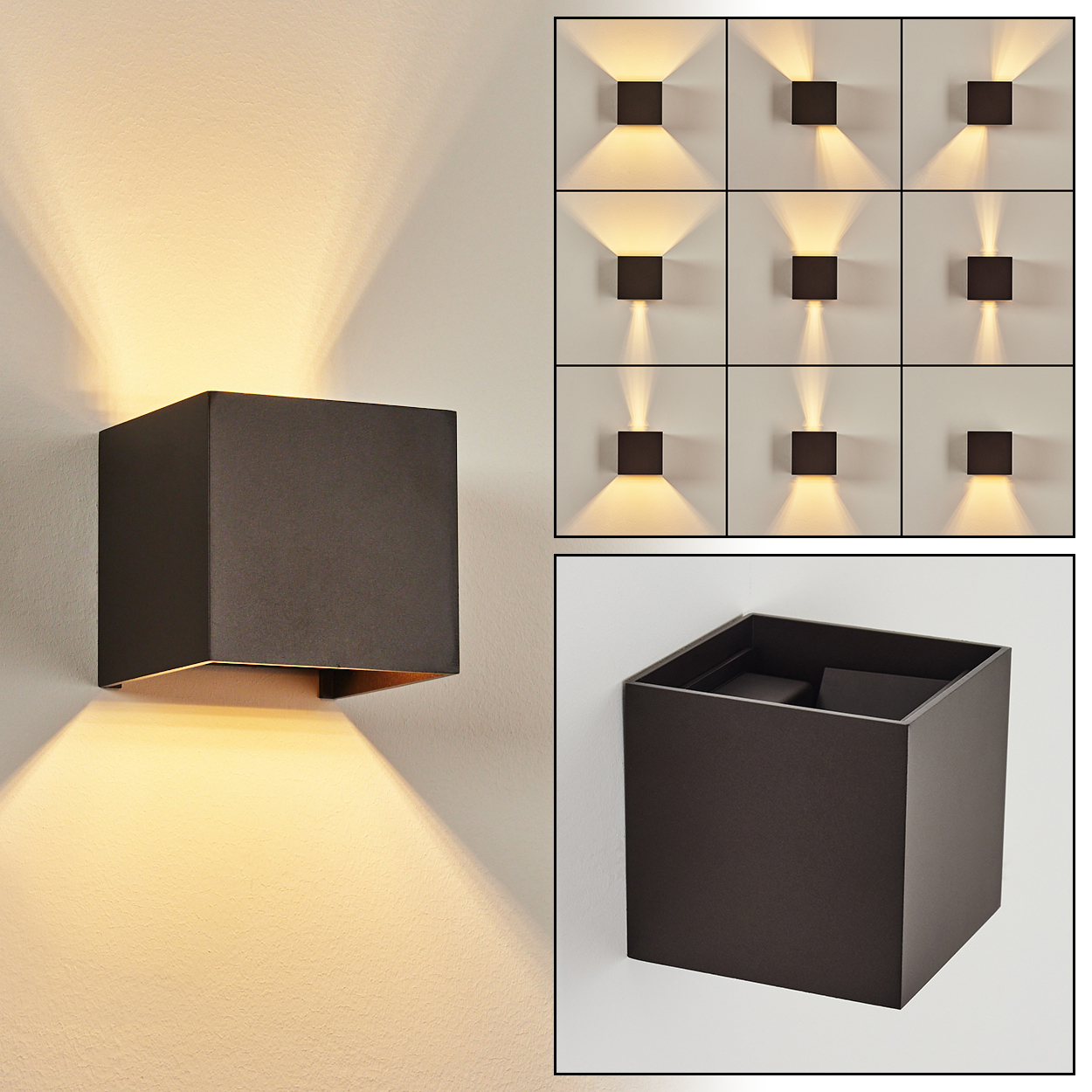 Eine dunkelbraune quadratische Lampe an einer weißen Wand. Das Licht scheint nach oben und unten. Zusätzliche Bilder zeigen verschiedene Lichteffekte.