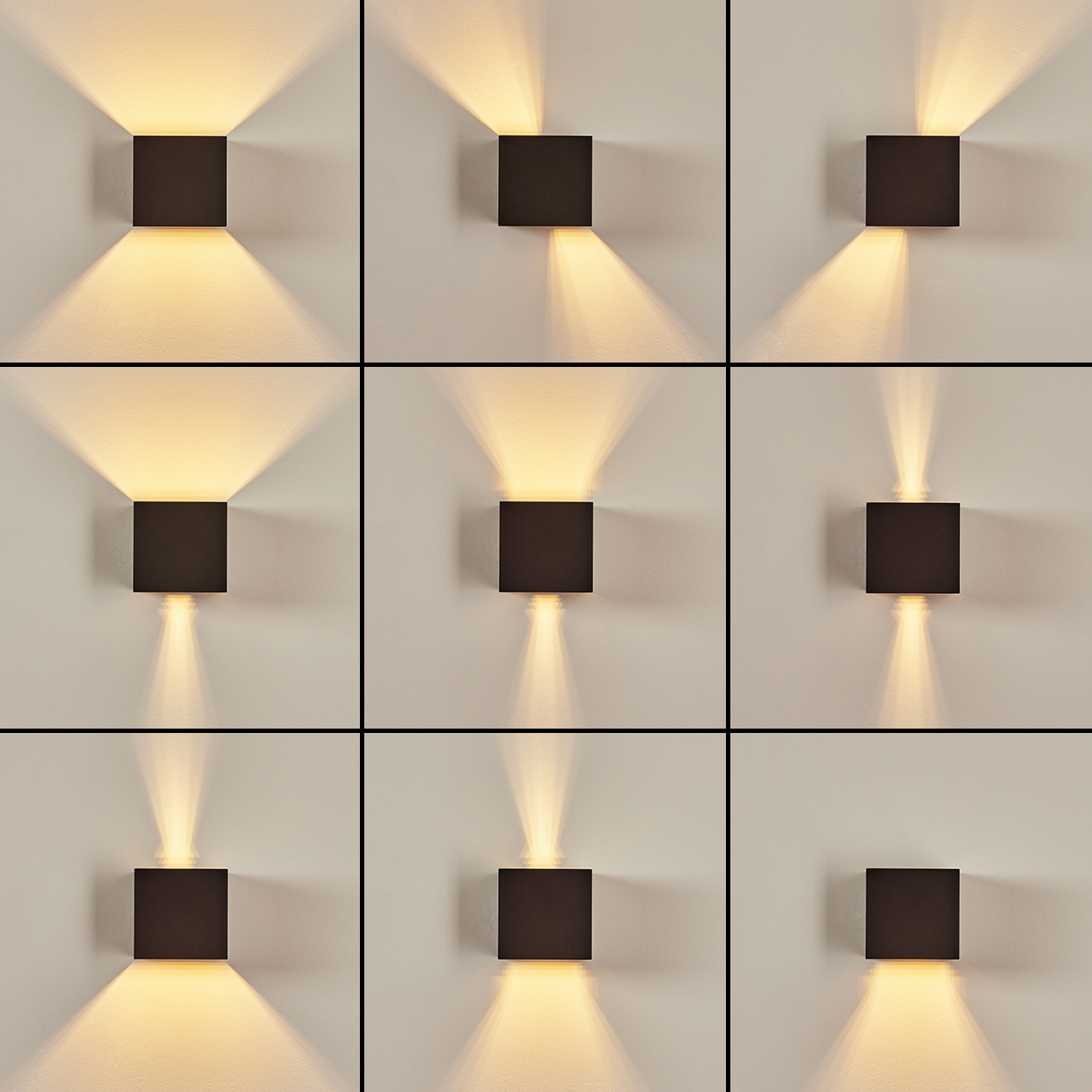 Neun quadratische, dunkle Wandleuchten mit unterschiedlichen Lichtstrahlmustern vor einer hellen Wand. Jede Leuchte ist beleuchtet.