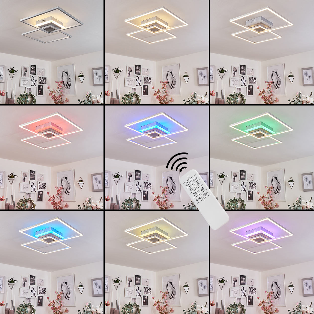 Eine Deckenleuchte mit quadratischen Rahmen und farbwechselnden LEDs. Eine Fernbedienung ist vorhanden. Der Raum hat Bilder und Pflanzen.