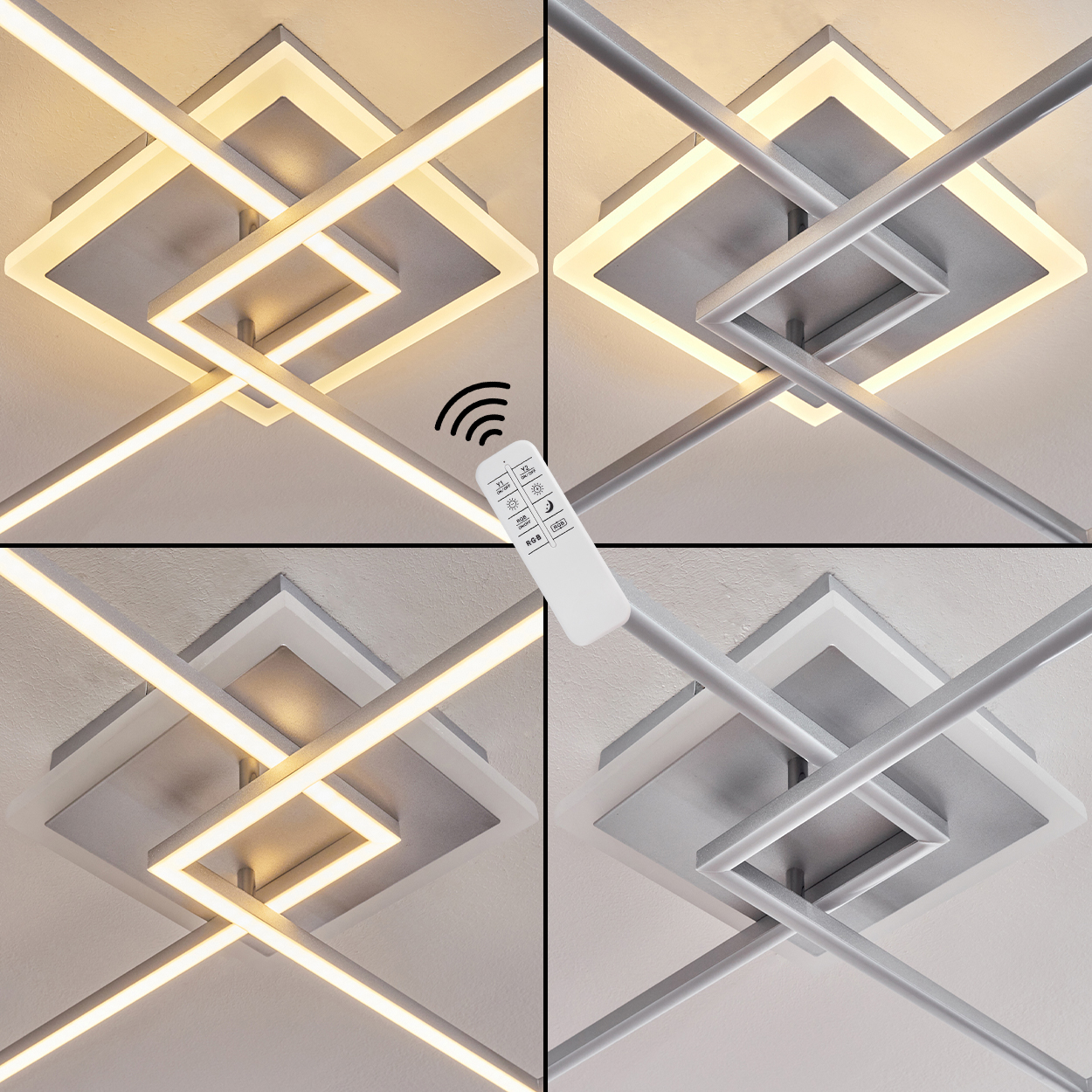 Moderne Deckenleuchte mit Fernbedienung. Quadratisches Design mit sich kreuzenden Lichtbalken. Verschiedene Beleuchtungsmodi gezeigt.