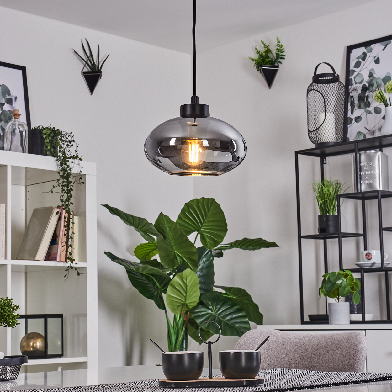 Ein modernes Interieur mit Pendelleuchte, Pflanzen und Dekorationsartikeln. Eine große grüne Pflanze im Vordergrund. Weiße Wände und Regale.