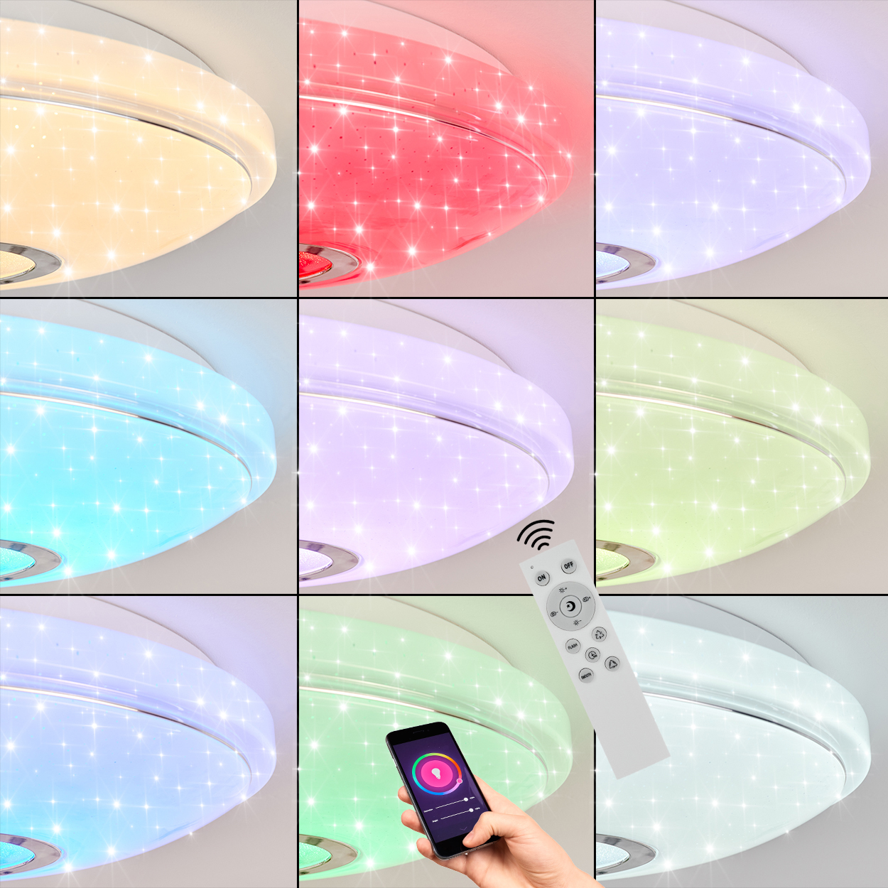 Eine Deckenlampe mit verschiedenen Farbeinstellungen. Eine Hand hält Fernbedienung und Smartphone. Farben ändern sich: Weiß, Rot, Blau usw.