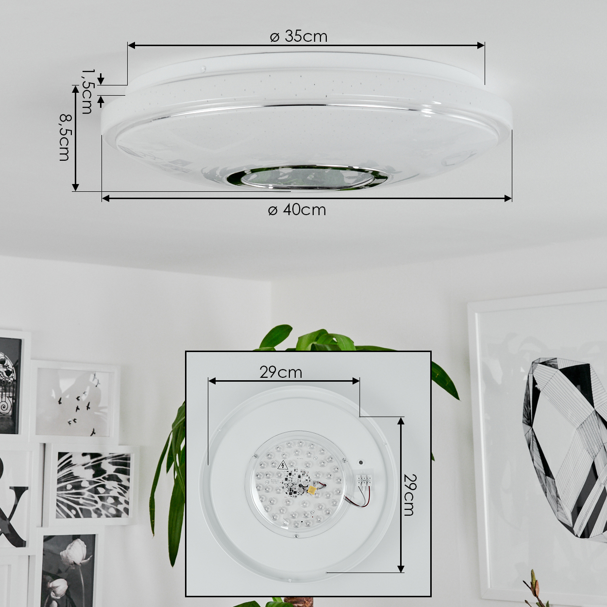 Eine weiße Deckenleuchte mit Maßen und einer detaillierten Ansicht des LED-Panels. Im Hintergrund Kunstwerke und eine Pflanze.