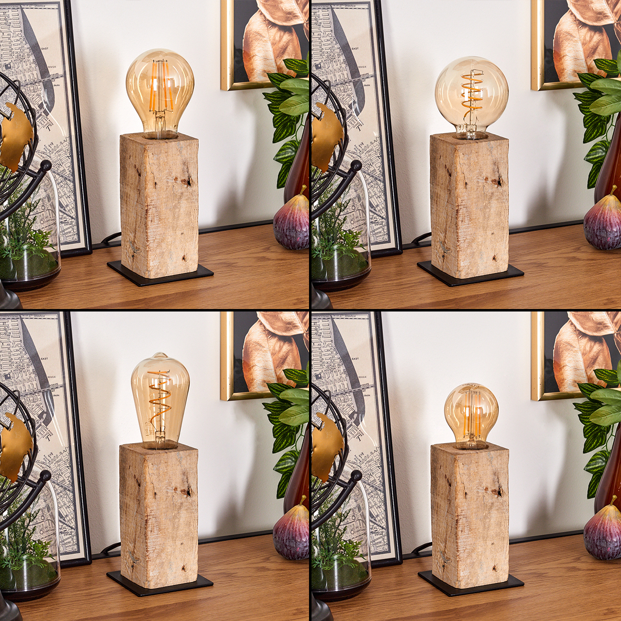 Vier Bilder mit einer Holzlampen mit Glühbirne, auf einem Tisch mit Dekor, Feigen und kartenartigen Bildern.