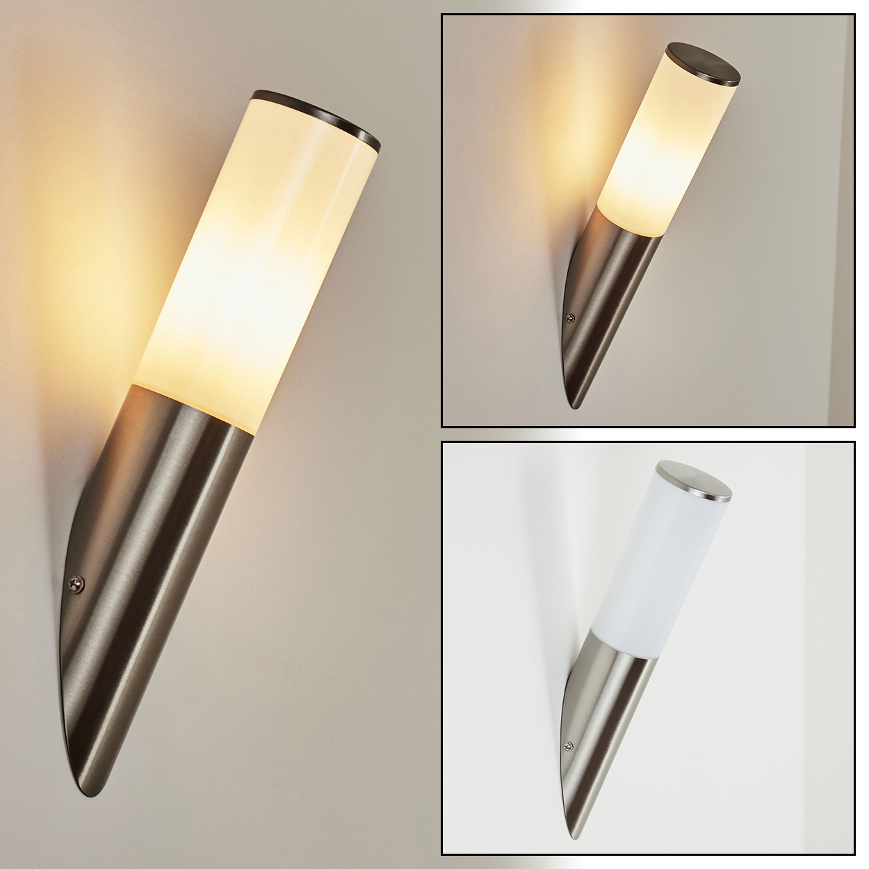 Drei Bilder einer Wandleuchte. Sie hat ein silbernes Finish und ein zylindrisches, weiß leuchtendes Licht. Der Hintergrund ist eine weiße Wand.