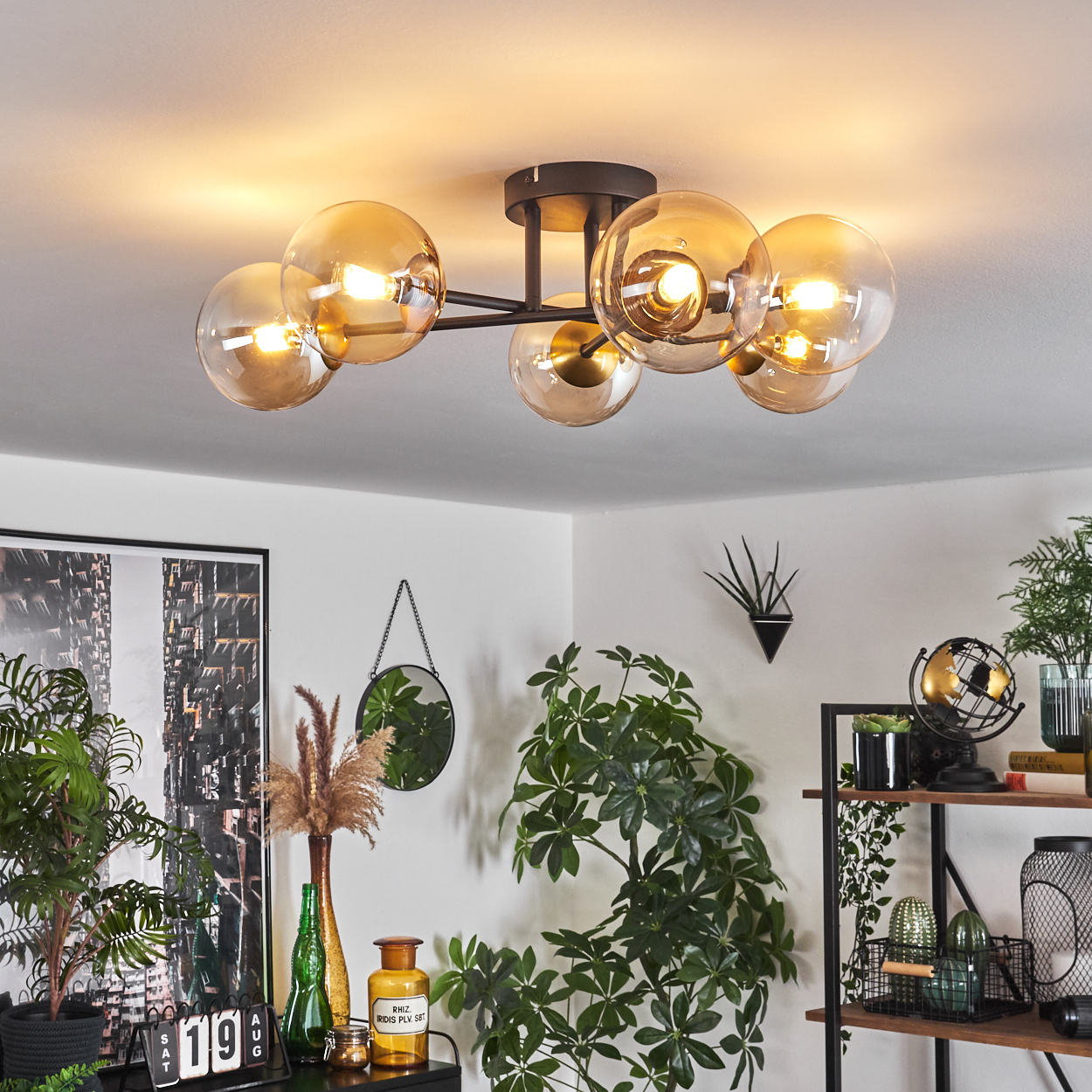 Eine Deckenleuchte mit Glaskugeln hängt über einem Raum mit Pflanzen und einem Regal. Das Licht beleuchtet den Raum und schafft eine warme Atmosphäre.