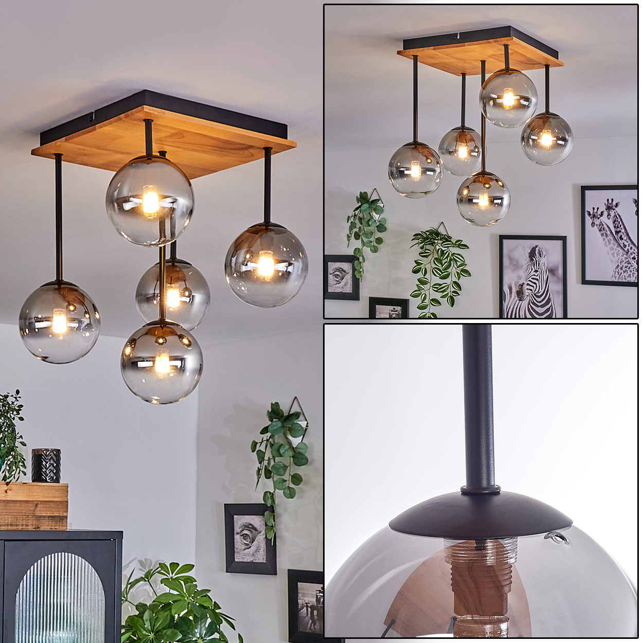 Eine moderne Deckenleuchte mit fünf Glaskugelleuchten hängt von einem Holzquadrat. Der Hintergrund zeigt Wandkunst und Pflanzen.