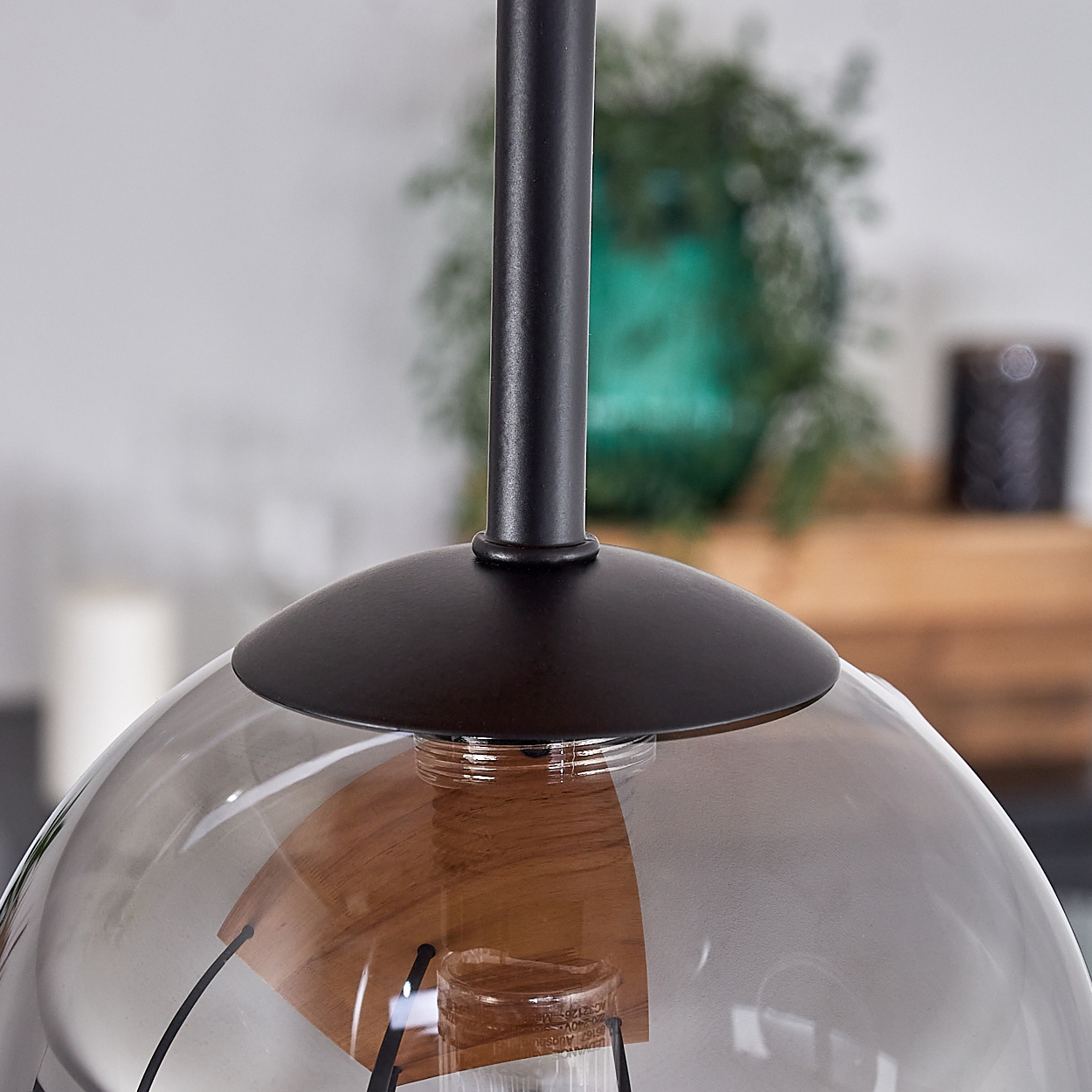 Eine Pendelleuchte mit Glasschirm und Holzelement. Schwarzer Metallschaft. Grüne Pflanze und Holzkiste im Hintergrund.
