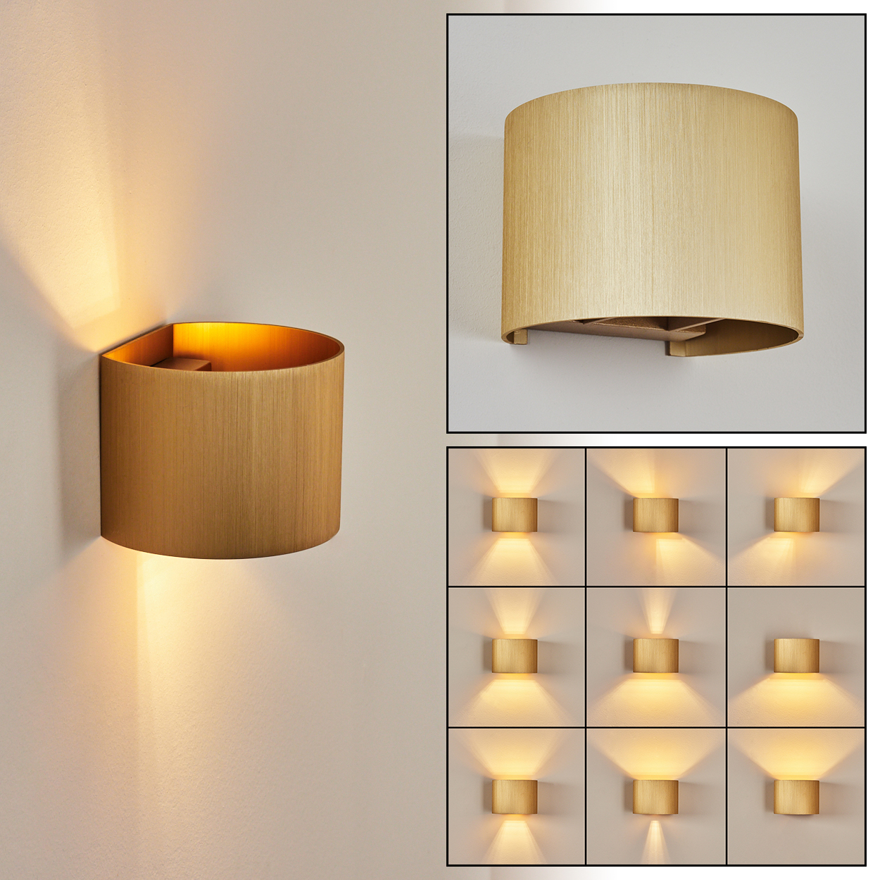 Eine goldfarbene Wandleuchte ist an einer weißen Wand befestigt. Die Lampe ist halb zylinderförmig. Mehrere kleinere Lampen sind ebenfalls abgebildet.