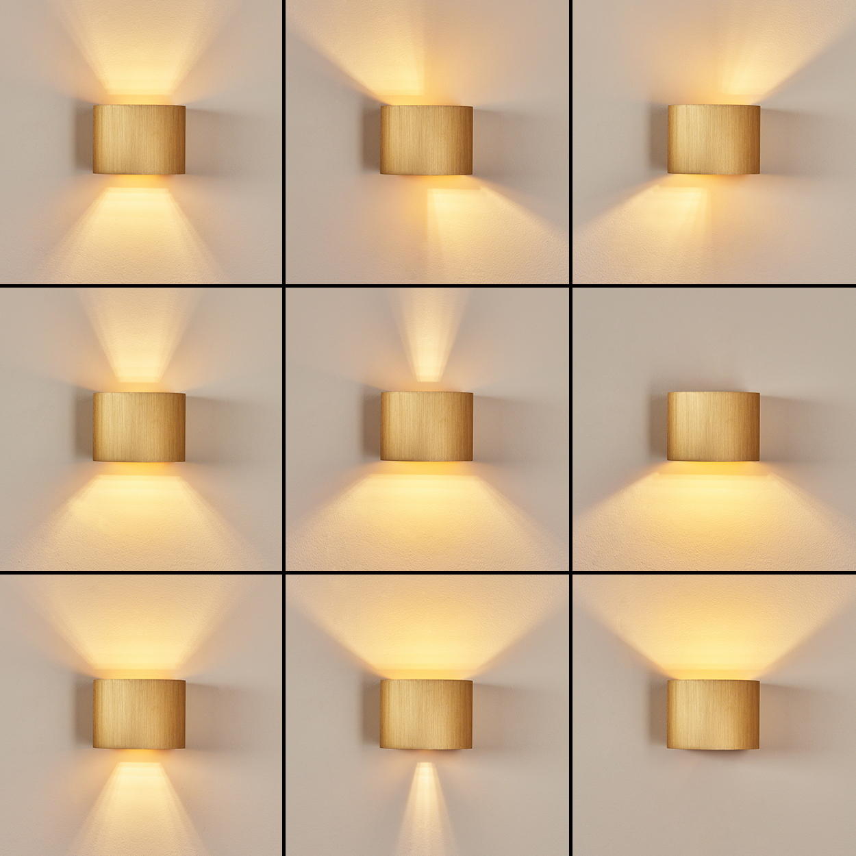 Neun Wandlampen aus Holz leuchten mit unterschiedlichen Lichtmustern. Jede Lampe ist quadratisch, an einer hellbeige Wand montiert.