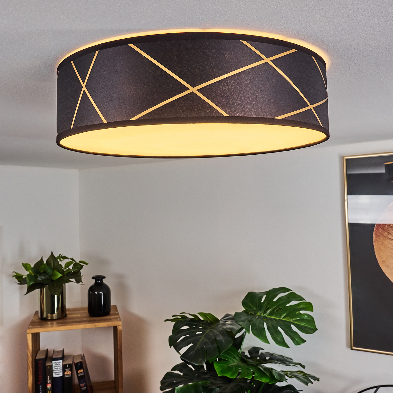 Eine schwarz-goldene Deckenlampe. Ein Holzregal mit Pflanzen und Büchern. Große grüne Blätter einer Pflanze im Vordergrund.