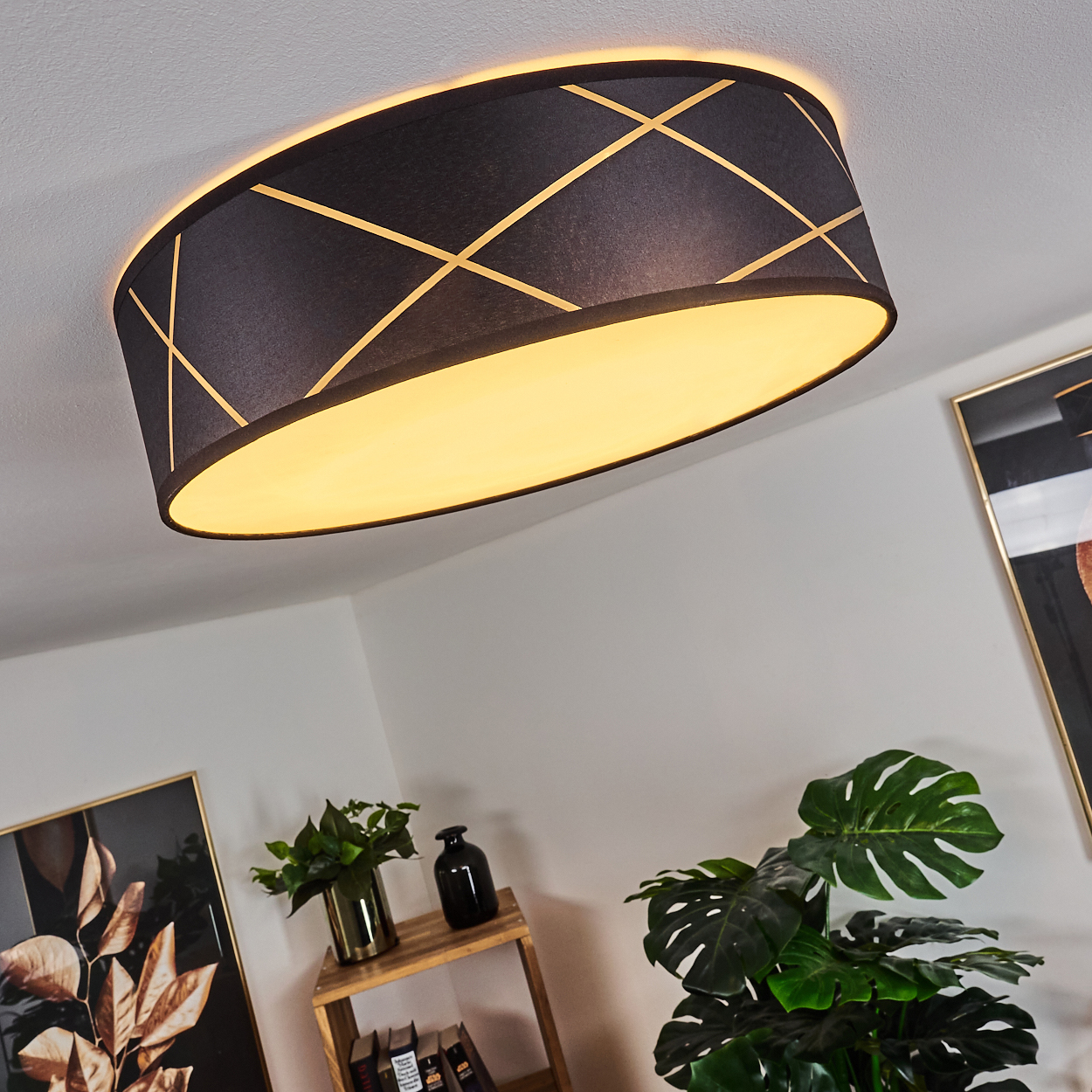 Eine schwarz-goldene Deckenlampe. Darunter ein Holzregal mit Pflanzen und Büchern und eine große Pflanze mit grünen Blättern.