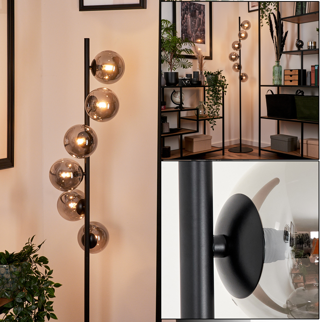 Eine schwarze Stehlampe mit Glaskugelschirmen. Im Hintergrund ein Regal mit Pflanzen und Dekorationsartikeln. Die Wand ist beige.