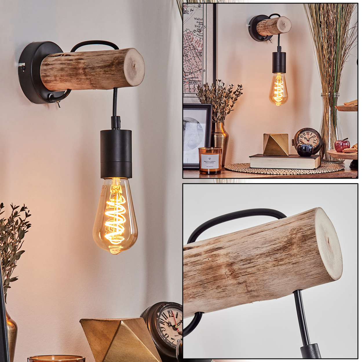 Eine Wandlampe mit Holzbalken, schwarzem Metall und einer leuchtenden Edison-Glühbirne. Der Hintergrund umfasst Dekorationsartikel und eine Karte.