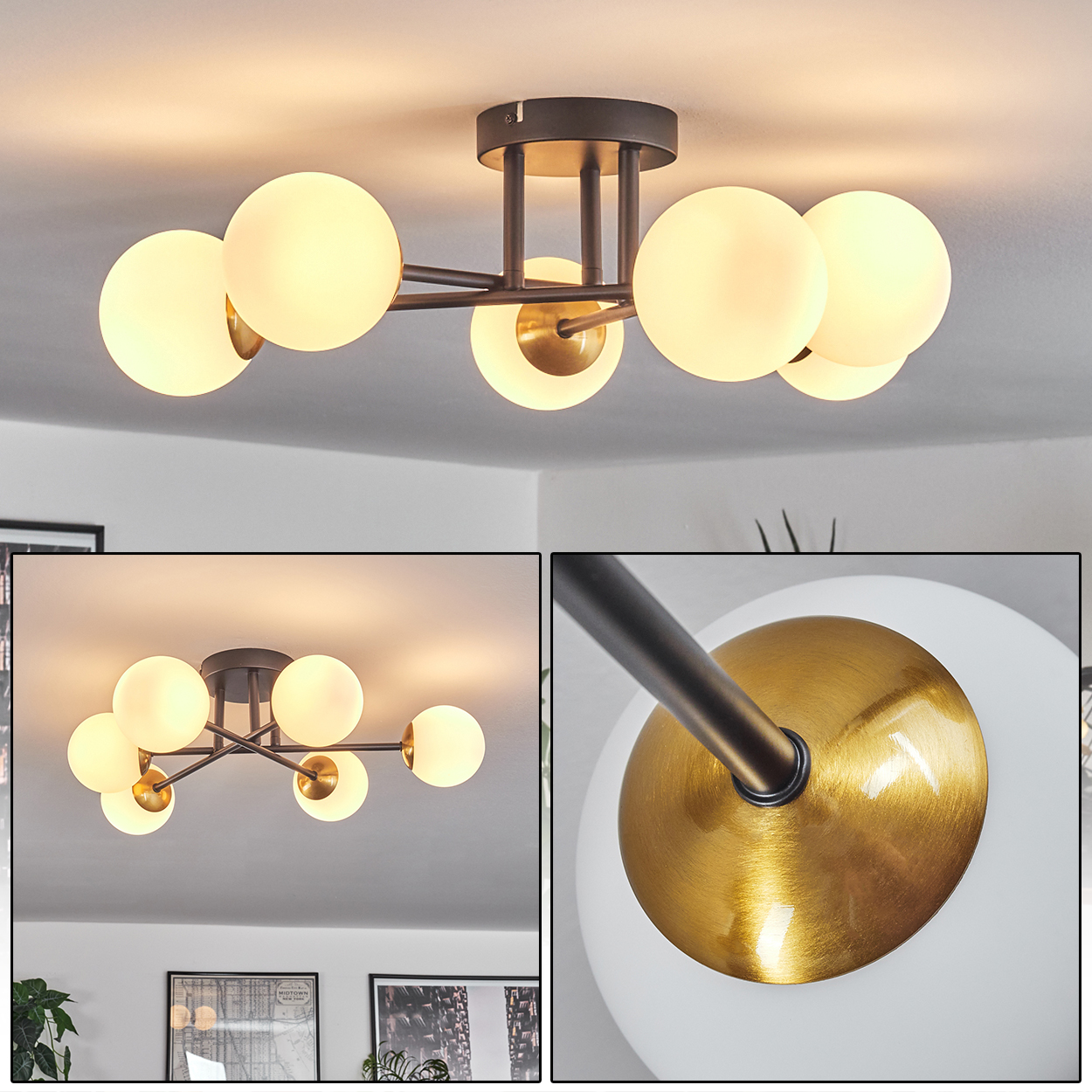 Eine Deckenleuchte mit mehreren kugelförmigen Glühbirnen. Sie hat einen dunklen Rahmen, goldene Akzente und warmes Licht. Sie ist an einer weißen Decke montiert.