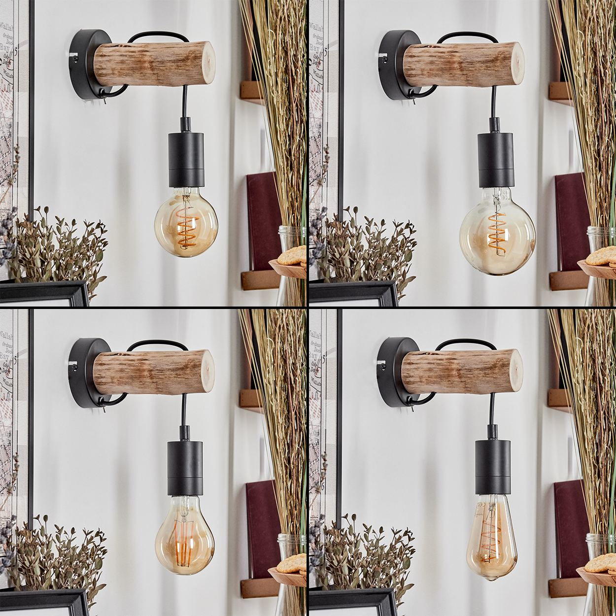 Vierfach-Bild. Jedes Panel zeigt eine Wandleuchte mit Holzbalken, schwarzem Halter und einer leuchtenden Edison-Glühbirne. Hintergrund mit Deko.