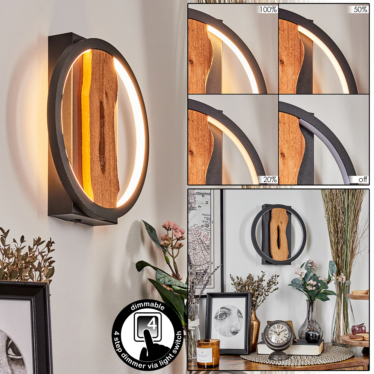 Eine Wandlampe mit Holzmitte und kreisförmigem Licht. Vier Dimmereinstellungen werden gezeigt. Weitere Dekorationen sind Pflanzen und eine Uhr.