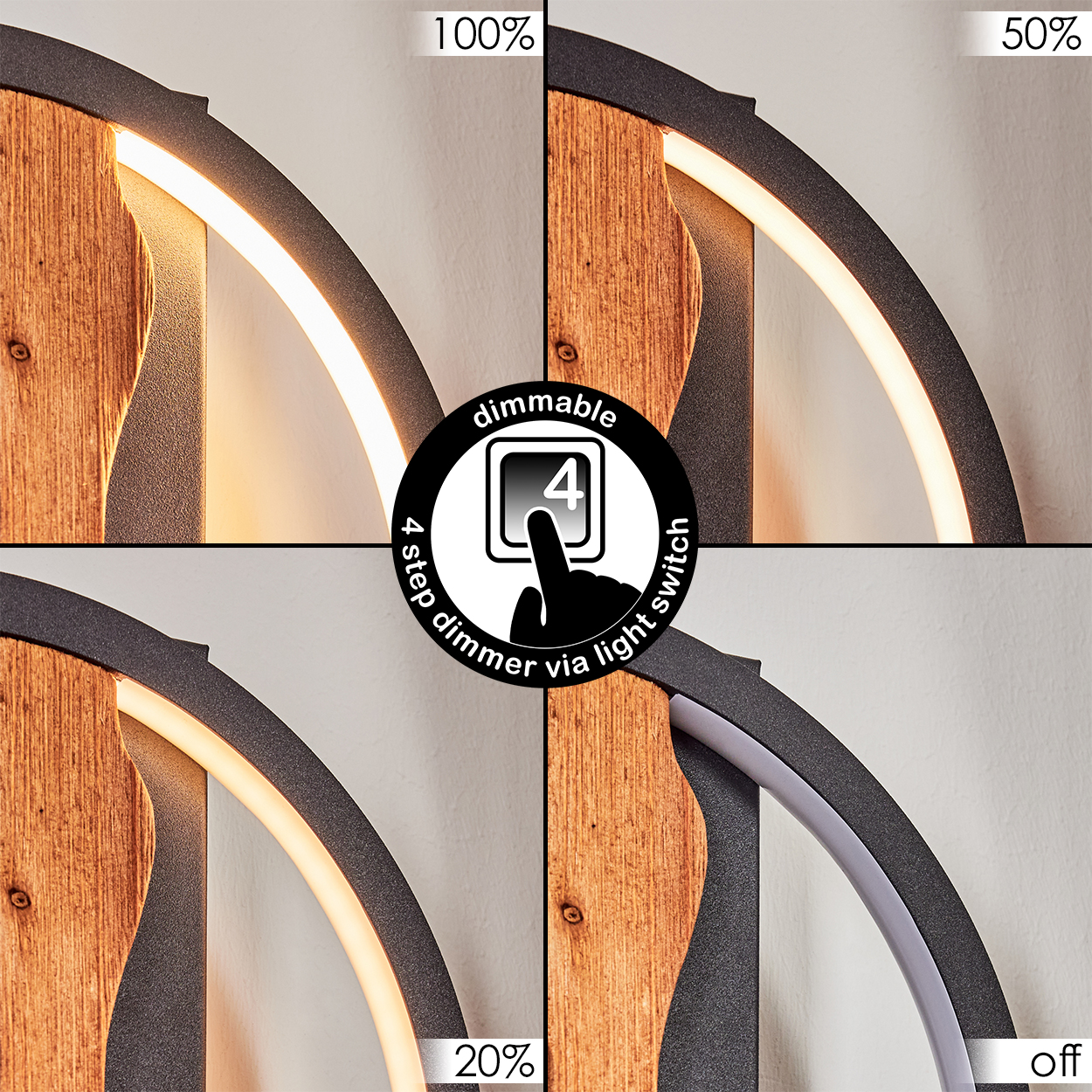 Eine moderne Lampe mit Holz- und schwarzen Metallelementen. Sie verfügt über ein dimmbares Licht mit vier Einstellungen: 100 %, 50 %, 20 % und aus.