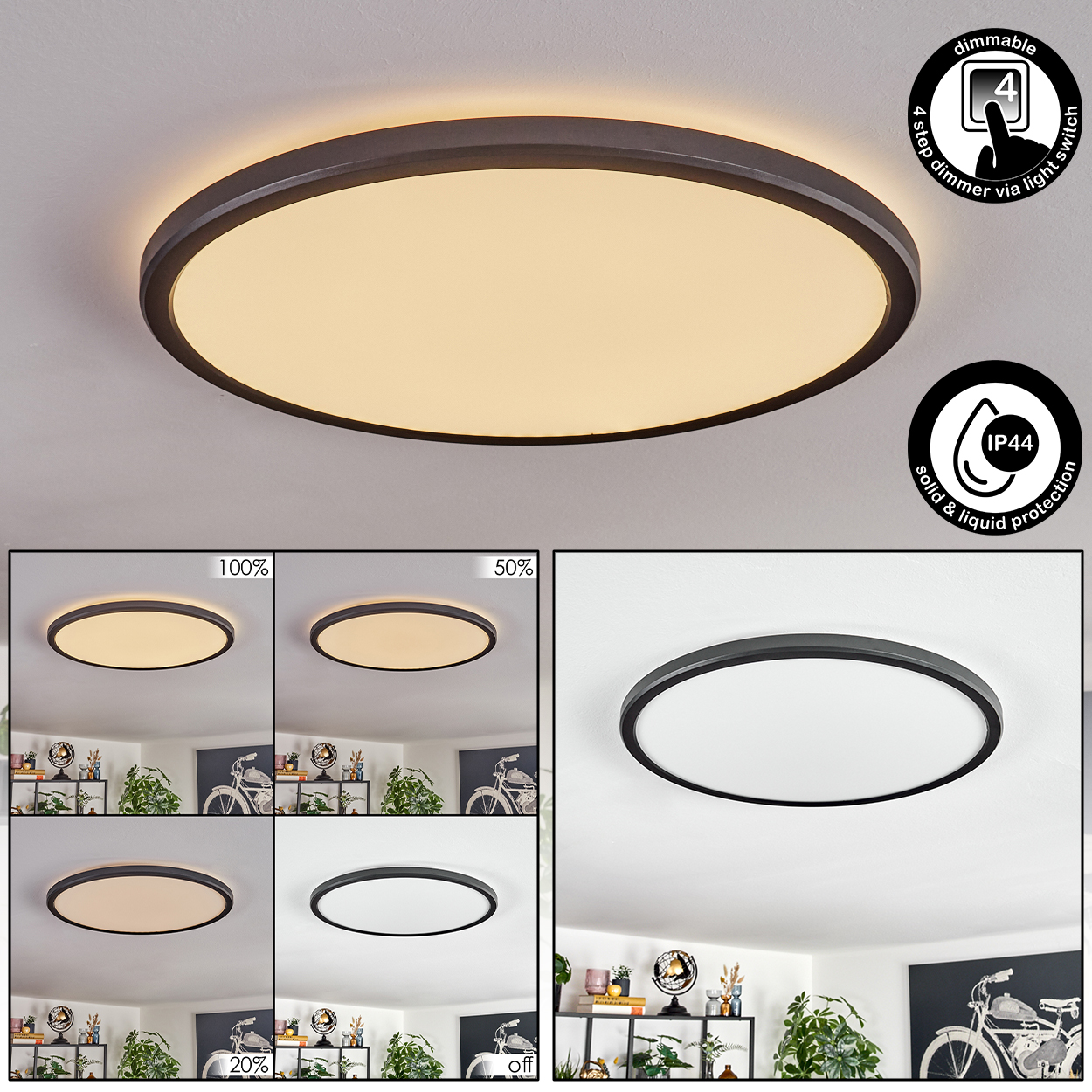 Eine runde LED-Deckenleuchte mit verschiedenen Helligkeitseinstellungen. Sie hat einen dunklen Rand und weißes Licht. Symbole zeigen Dimmen und Schutz.