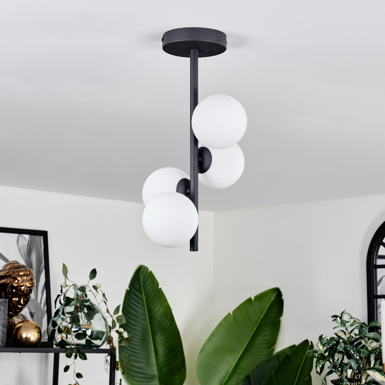 Eine moderne Deckenleuchte mit vier weißen kugelförmigen Glühbirnen. Sie ist schwarz und abgehängt. Pflanzen und ein Regal mit Dekoration sind im Vordergrund.
