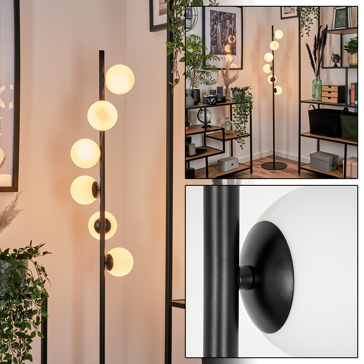 Eine schwarze Stehlampe mit sechs weißen Kugelleuchten. Der Hintergrund zeigt ein Bücherregal mit Pflanzen und Dekoration.