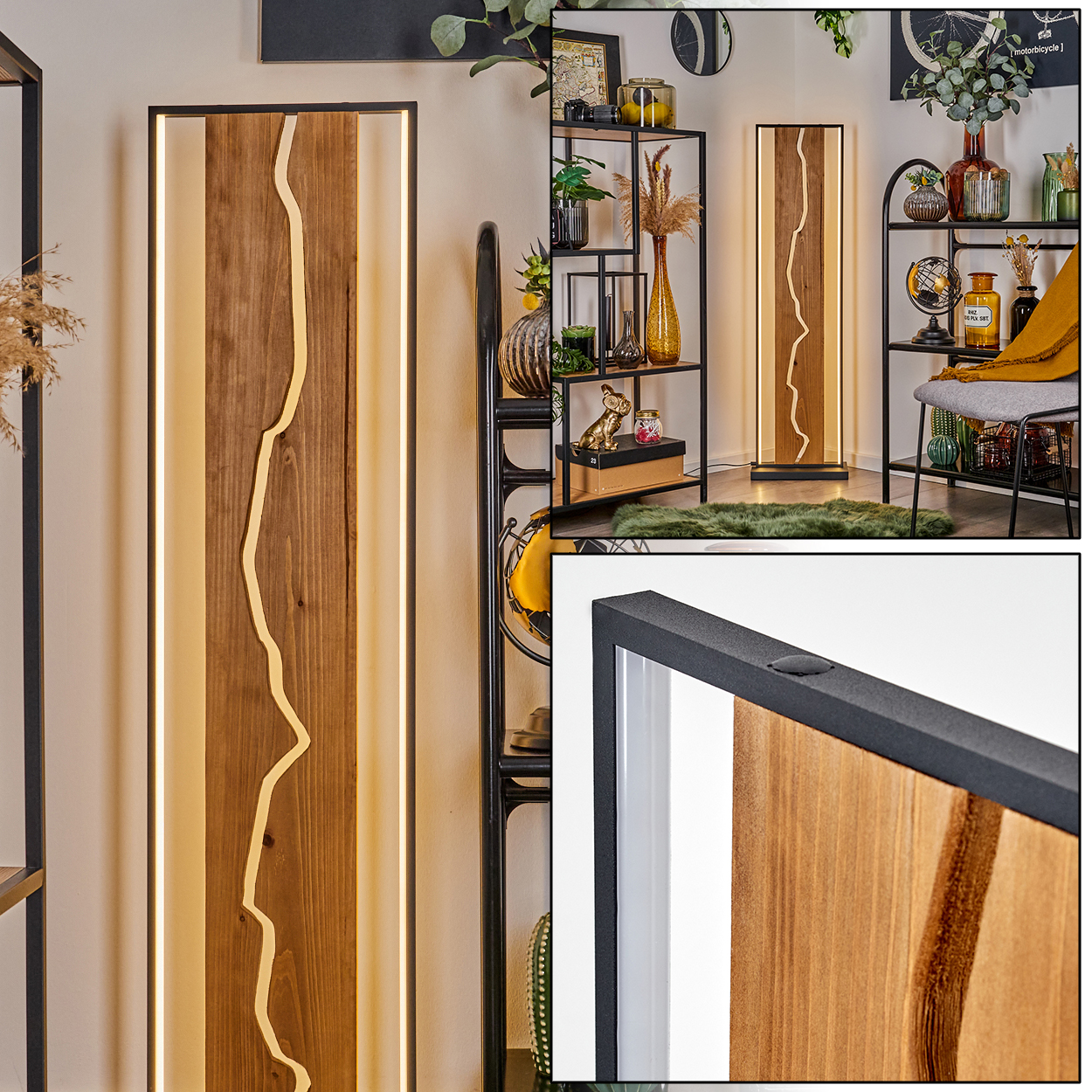 Holzlampe mit schwarzem Rahmen. Die Lampe hat ein zentrales, helleres Design auf einer braunen Holzoberfläche, umgeben von Licht.