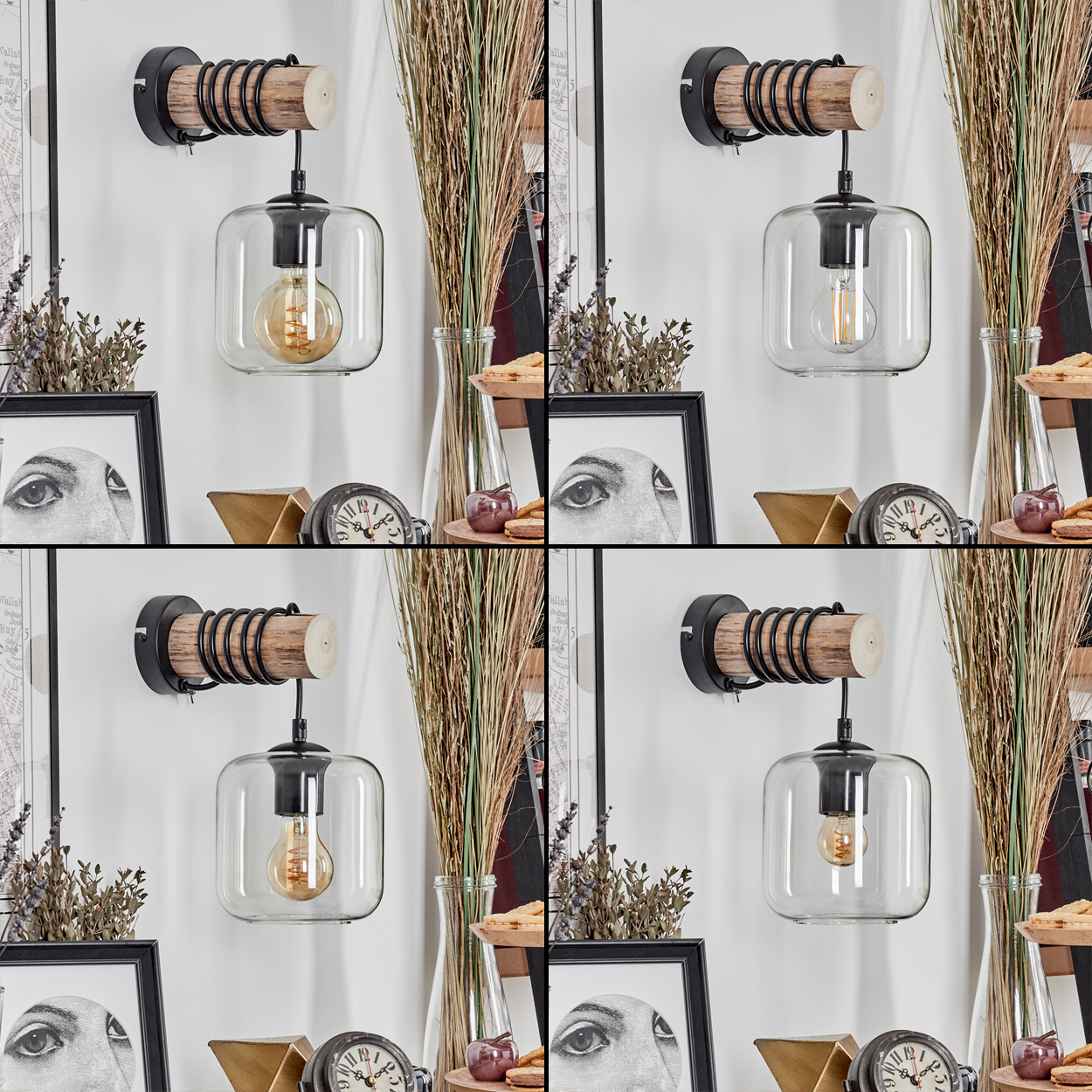 Eine Wandlampe mit Holzsockel und Glasschirm ist an einer weißen Wand befestigt. Weitere Gegenstände wie Uhr und Bilderrahmen.