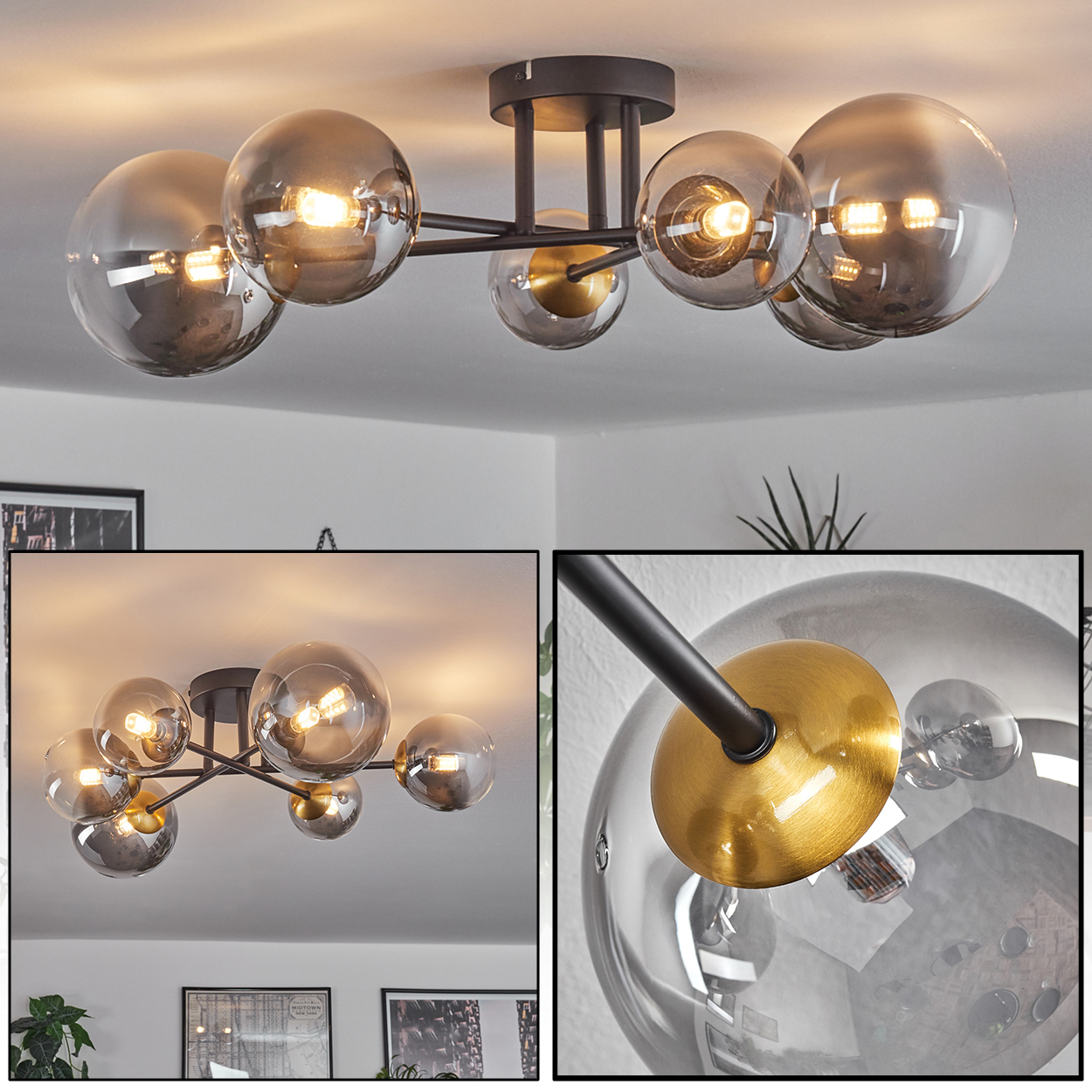 Eine moderne Deckenleuchte mit sechs rauchfarbenen Glaskugeln und goldenen Akzenten, befestigt an schwarzen Metallarmen und einer zentralen Halterung.