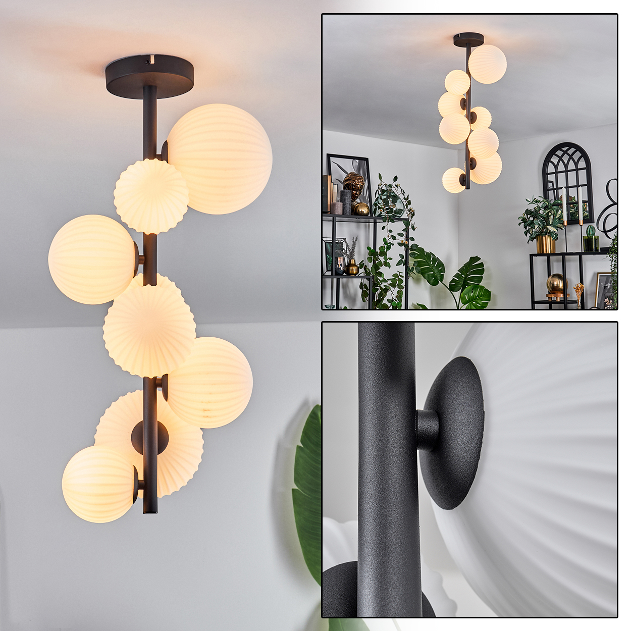 Eine moderne Deckenlampe mit mehreren leuchtenden Kugeln und scheibenförmigen Lichtern, die an einem schwarzen Metallrahmen befestigt sind. Der Hintergrund zeigt Regale und Pflanzen.