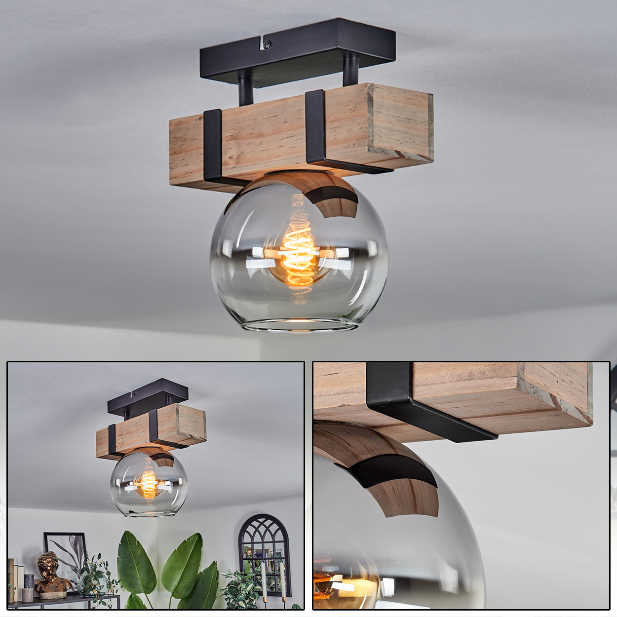 Deckenleuchte mit klarem Glaskugel und Holzbalken, schwarzen Metallakzenten. Die Glühbirne ist beleuchtet.