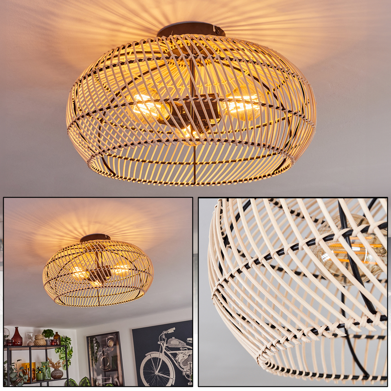 Geflochtene Deckenlampe aus Rattan mit drei sichtbaren Glühbirnen. Die Lampe wirft ein warmes Licht. Der Hintergrund ist eine weiße Decke.