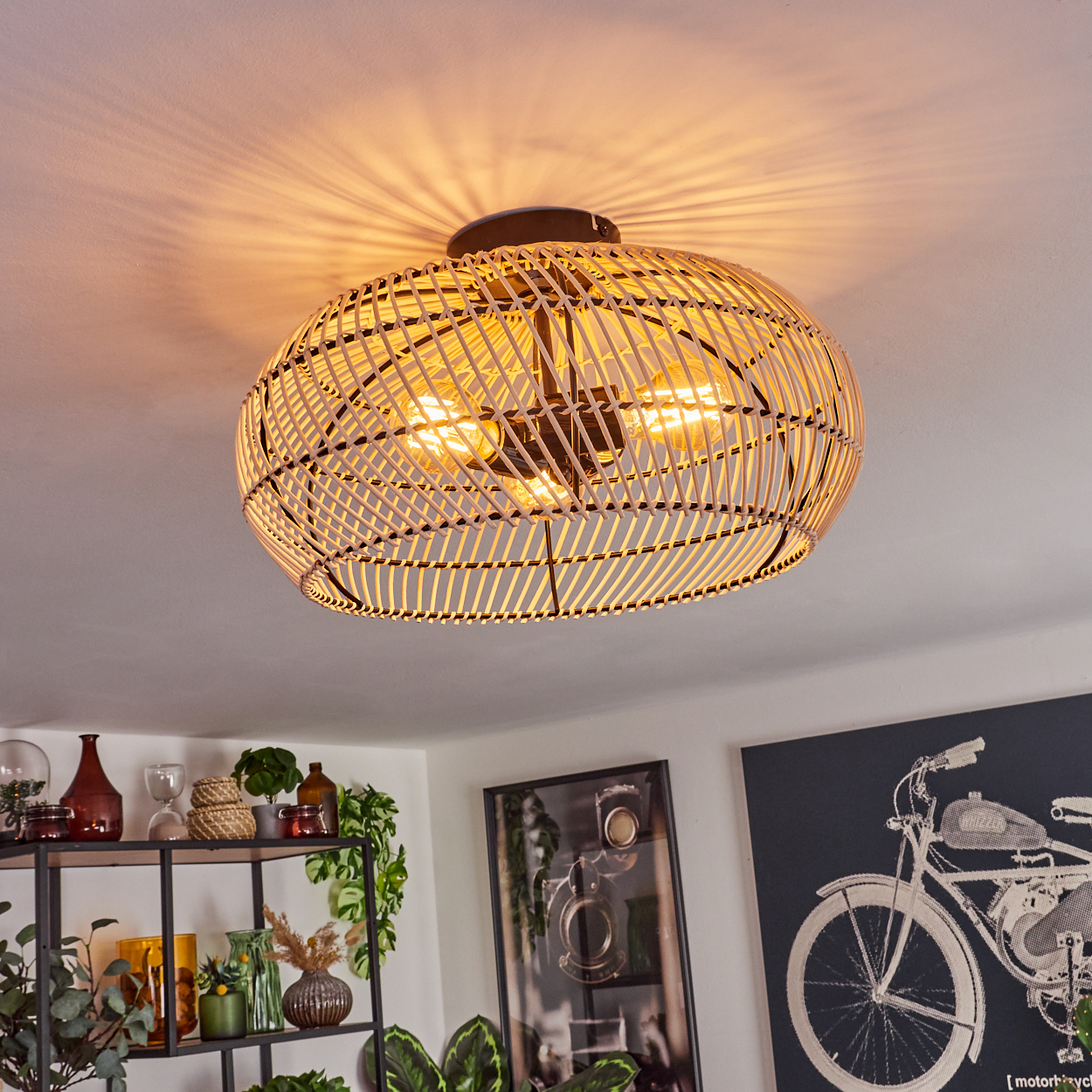 Eine Deckenlampe aus Korbgeflecht mit Glühbirnen beleuchtet einen Raum. Darunter sind ein Regal mit Pflanzen und Dekor sowie ein Fahrradbild zu sehen.