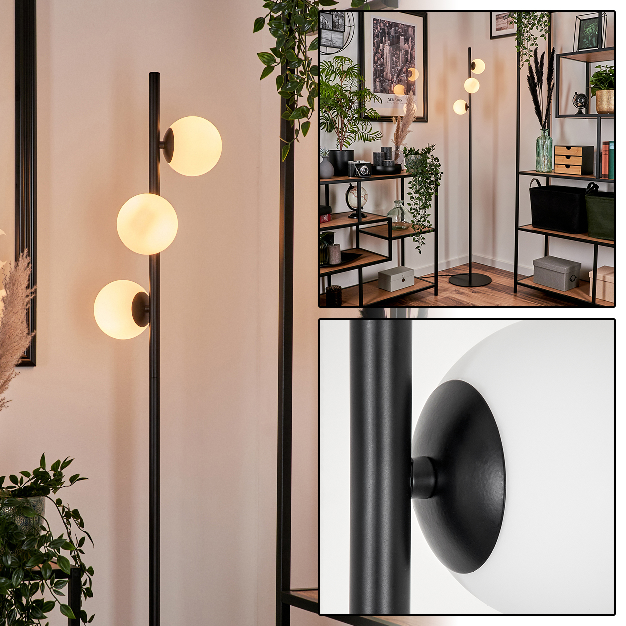 Eine schwarze Stehlampe mit drei weißen Kugeln ist zentriert. Der Hintergrund hat Regale mit Dekor und Pflanzen. Ein Detail der Lampe wird gezeigt.