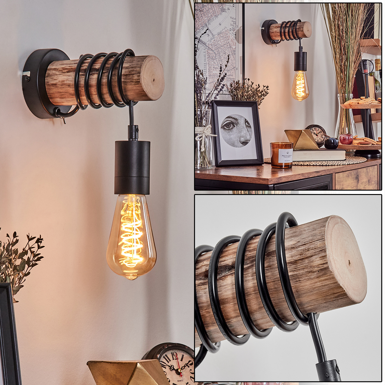 Eine Wandlampe mit Holzbalken, schwarzer Metallspirale und einer Glühbirne mit sichtbarem Glühfaden. Die Szene ist gemütlich.