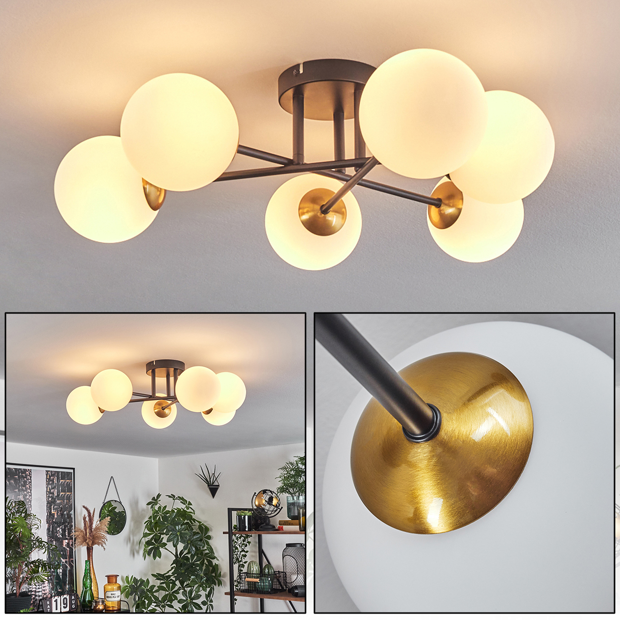 Moderne Deckenleuchte mit sechs weißen Kugelschirmen. Dunkler Metallrahmen mit goldenen Akzenten. Im Wohnzimmer mit Pflanzen.