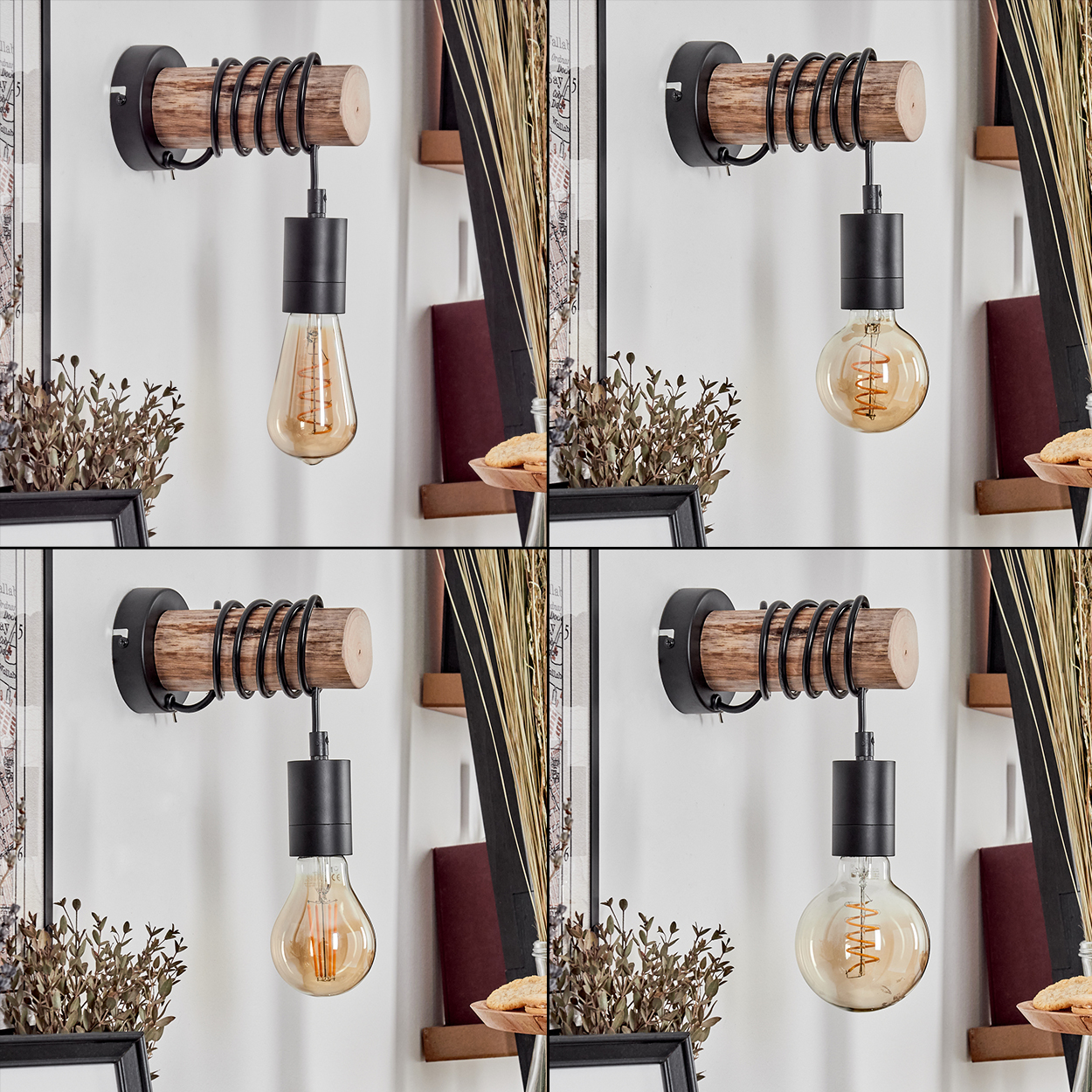 Vier Bilder zeigen Wandlampen mit Holz- und schwarzer Metallbefestigung und verschiedenen Glühbirnen.