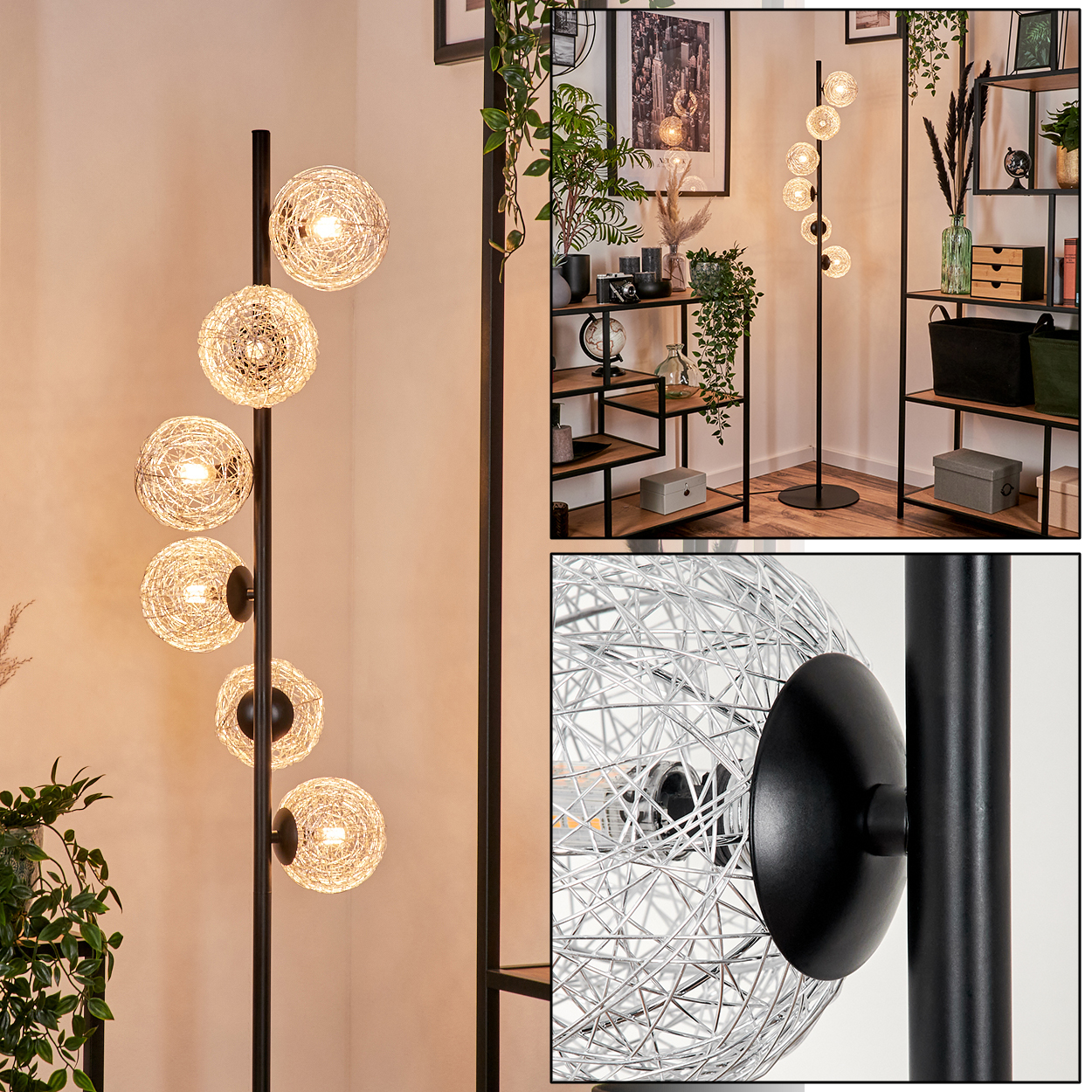 Eine schwarze Stehlampe mit sechs Kugelleuchten vor Regalen und Grün. Warme Beleuchtung schafft eine gemütliche Atmosphäre.