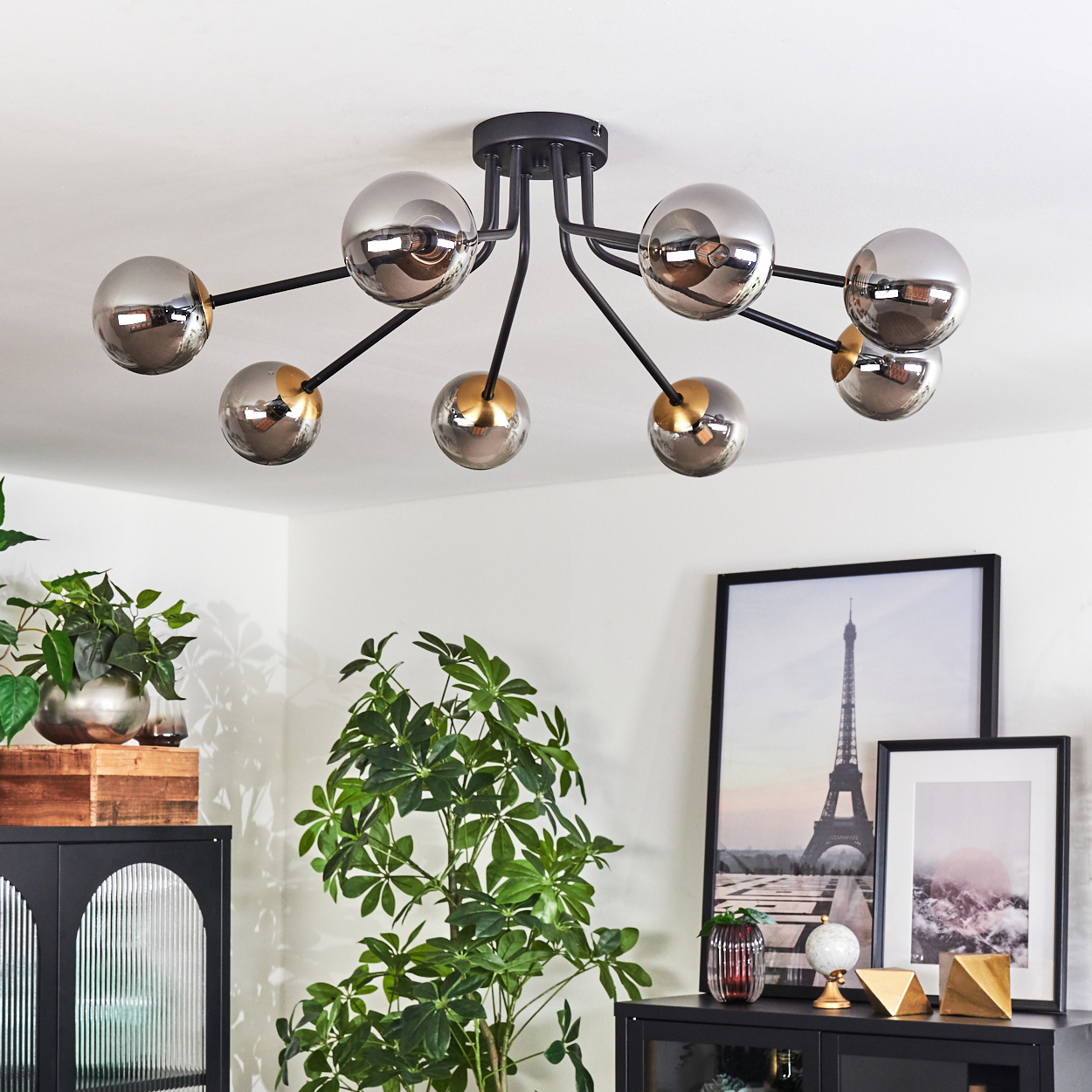 Ein modernes Wohnzimmer mit Deckenleuchte. Pflanzen, schwarze Möbel und gerahmte Bilder sind sichtbar. Der Eiffelturm ist auf einem Bild.