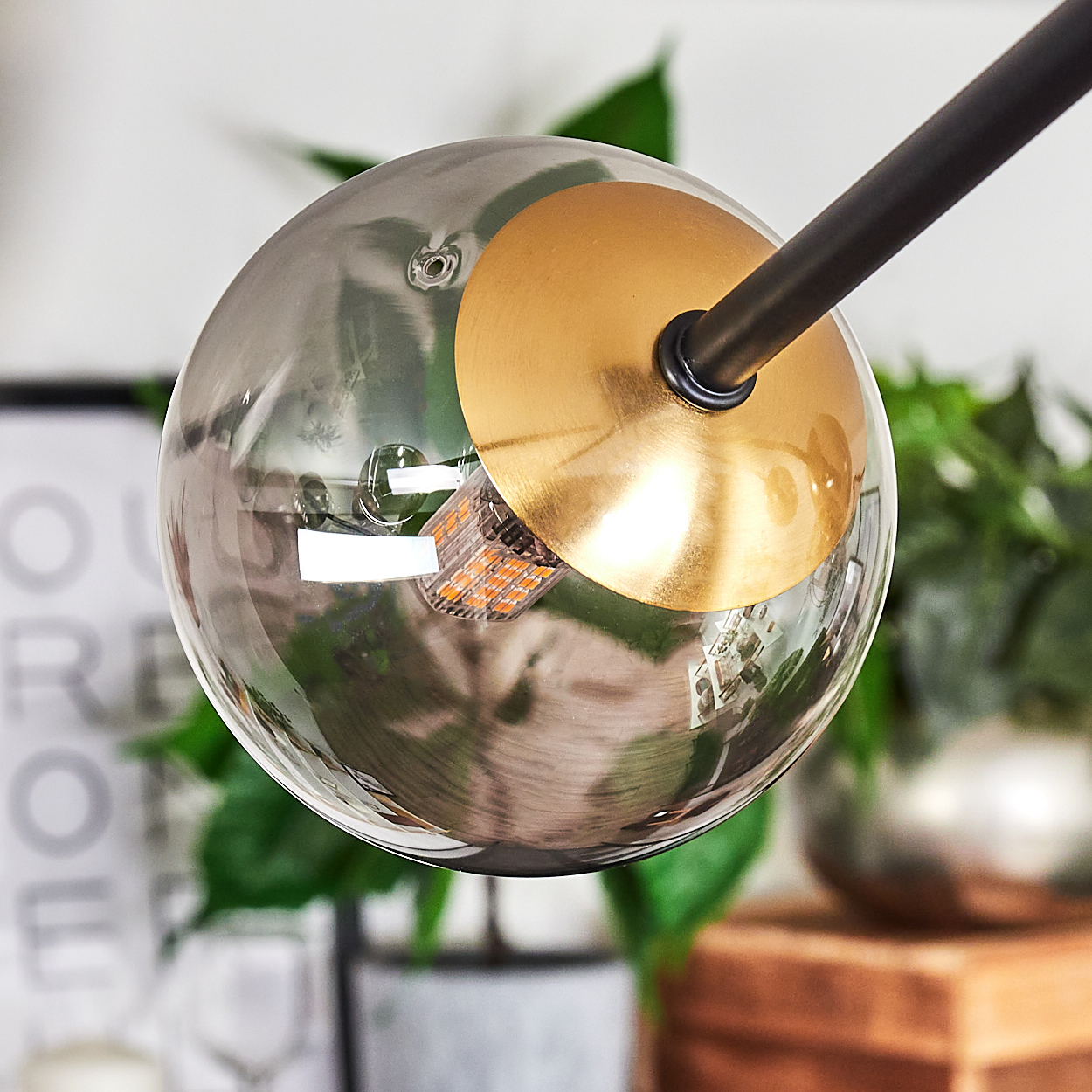 Nahaufnahme einer modernen Leuchte. Eine klare Glaskugel mit goldener Scheibe, schwarzem Arm und grüne Pflanzen im Hintergrund.
