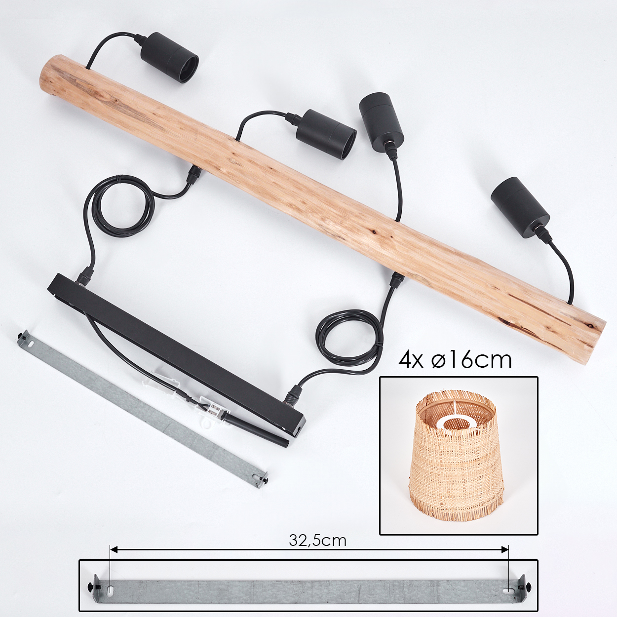 Ein Holzbalken mit vier schwarzen Leuchten und einer schwarzen Tragstruktur. Ein gewebter Lampenschirm und eine Metallhalterung sind ebenfalls vorhanden.