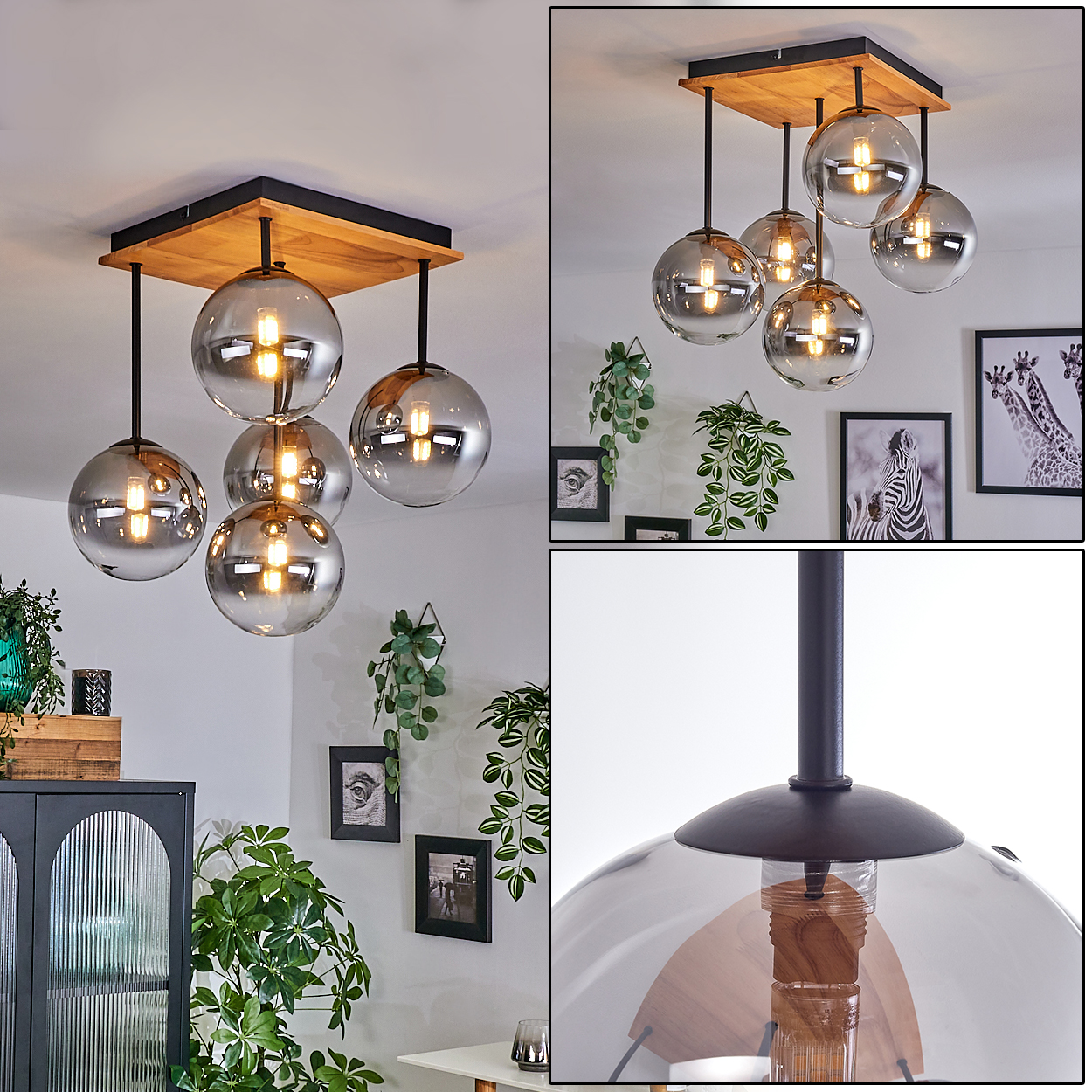 Eine moderne Hängelampe mit sechs Glaskugelschirmen hängt an einem Holzquadrat. Der Raum hat Pflanzen und gerahmte Bilder an der Wand.